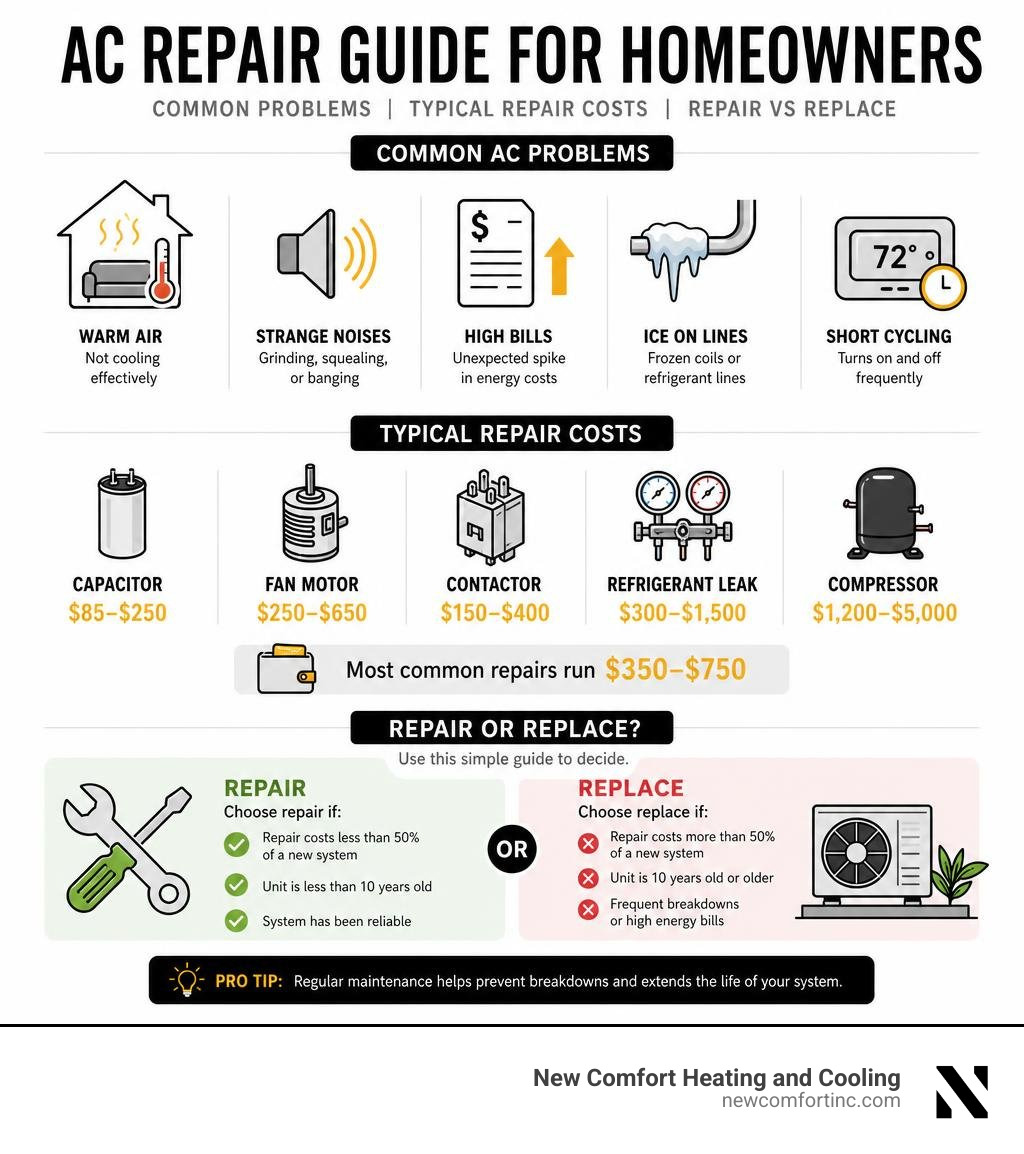 Infographic showing common AC problems, typical repair costs, and repair vs replace decision guide infographic