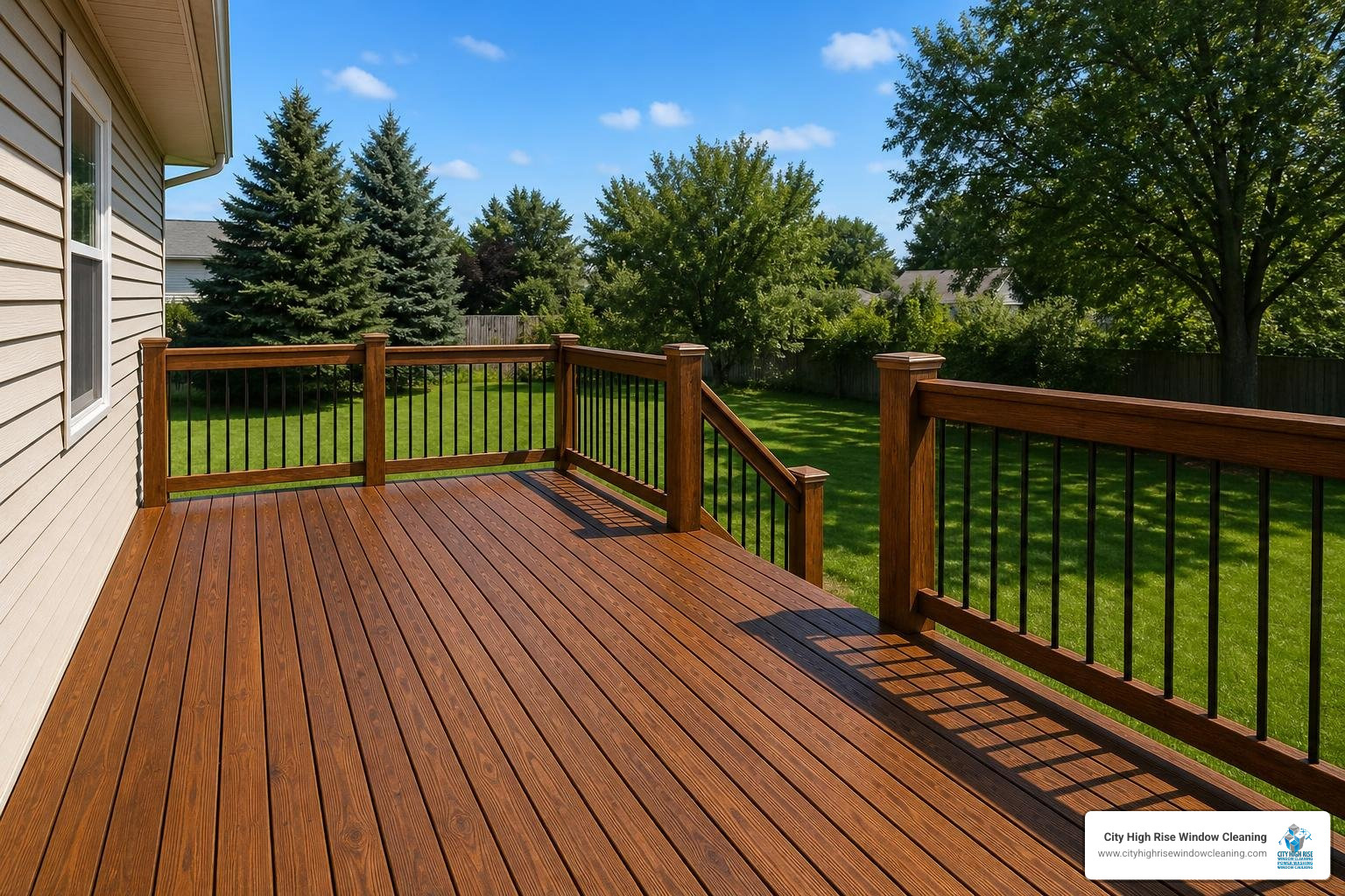 Freshly completed deck power washing and staining Freshly completed deck power washing and staining