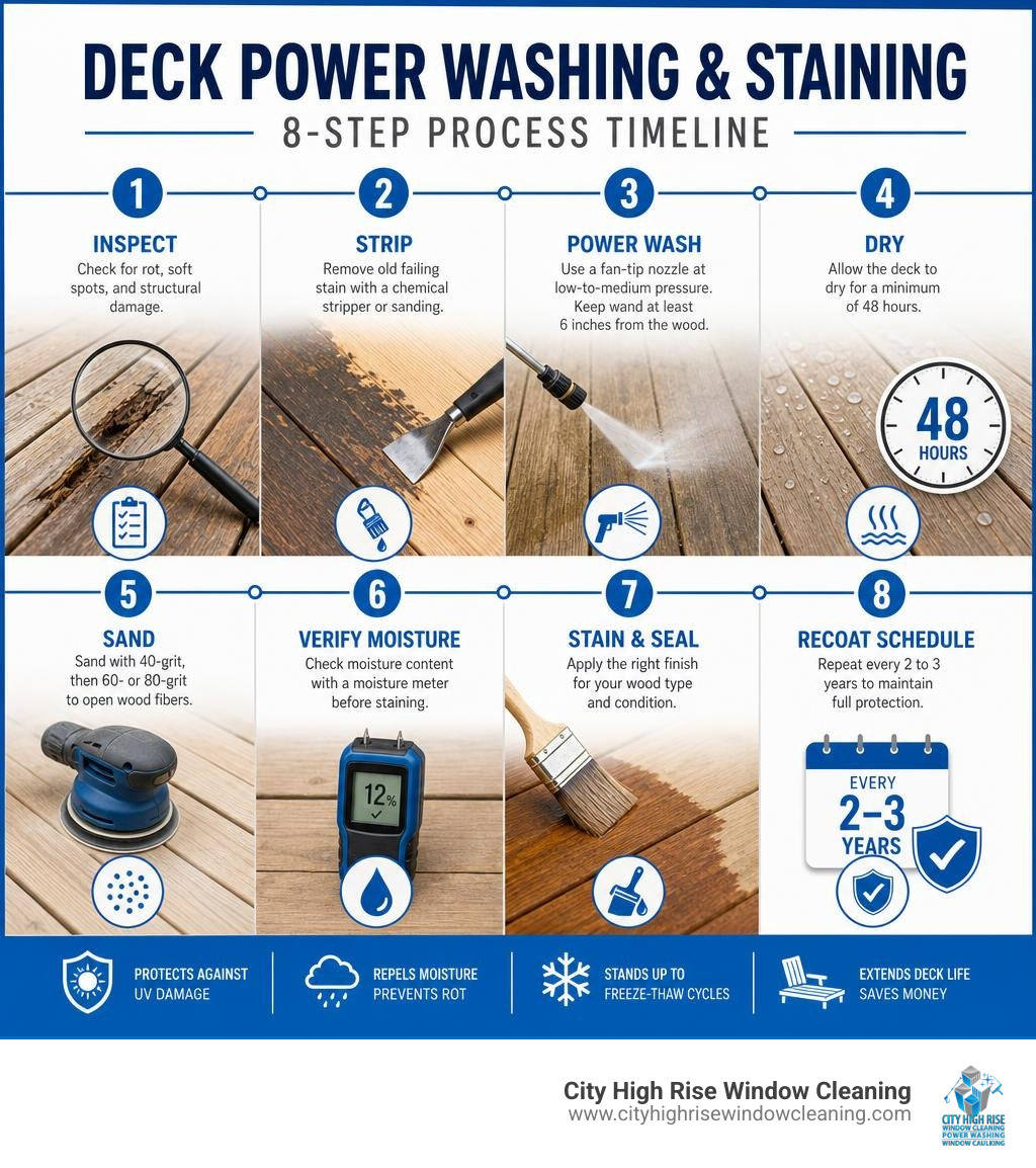 Deck power washing and staining process timeline infographic showing 8 steps from inspection to recoating schedule Deck power washing and staining process timeline infographic showing 8 steps from inspection to recoating schedule