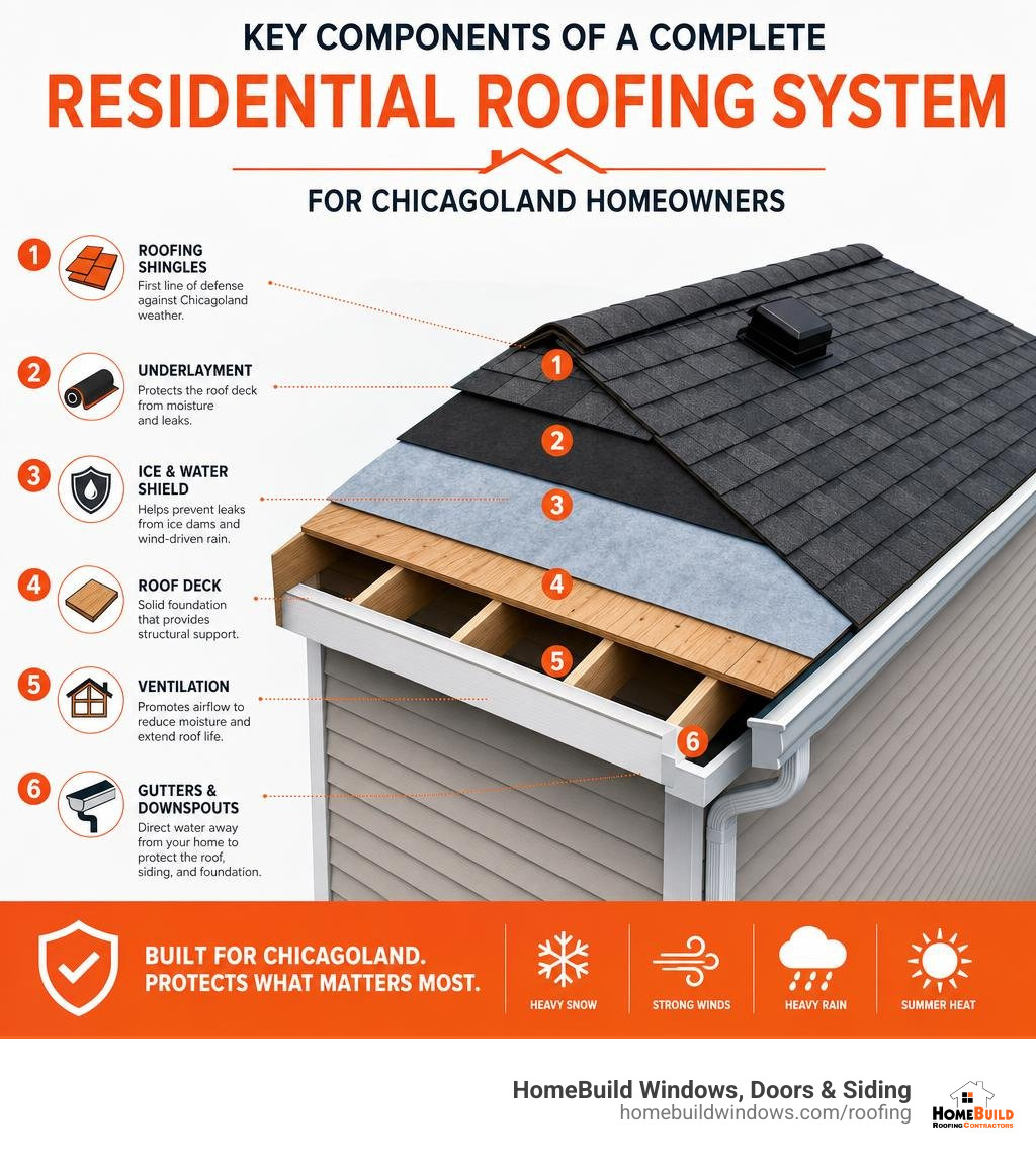 Key components of a complete residential roofing system for Chicagoland homeowners infographic