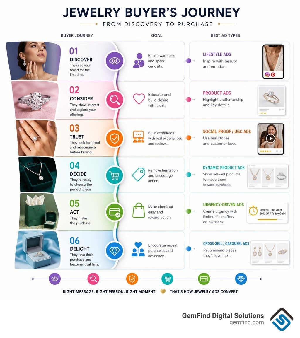 Jewelry buyer's journey from discovery to purchase — ad types mapped to each funnel stage infographic