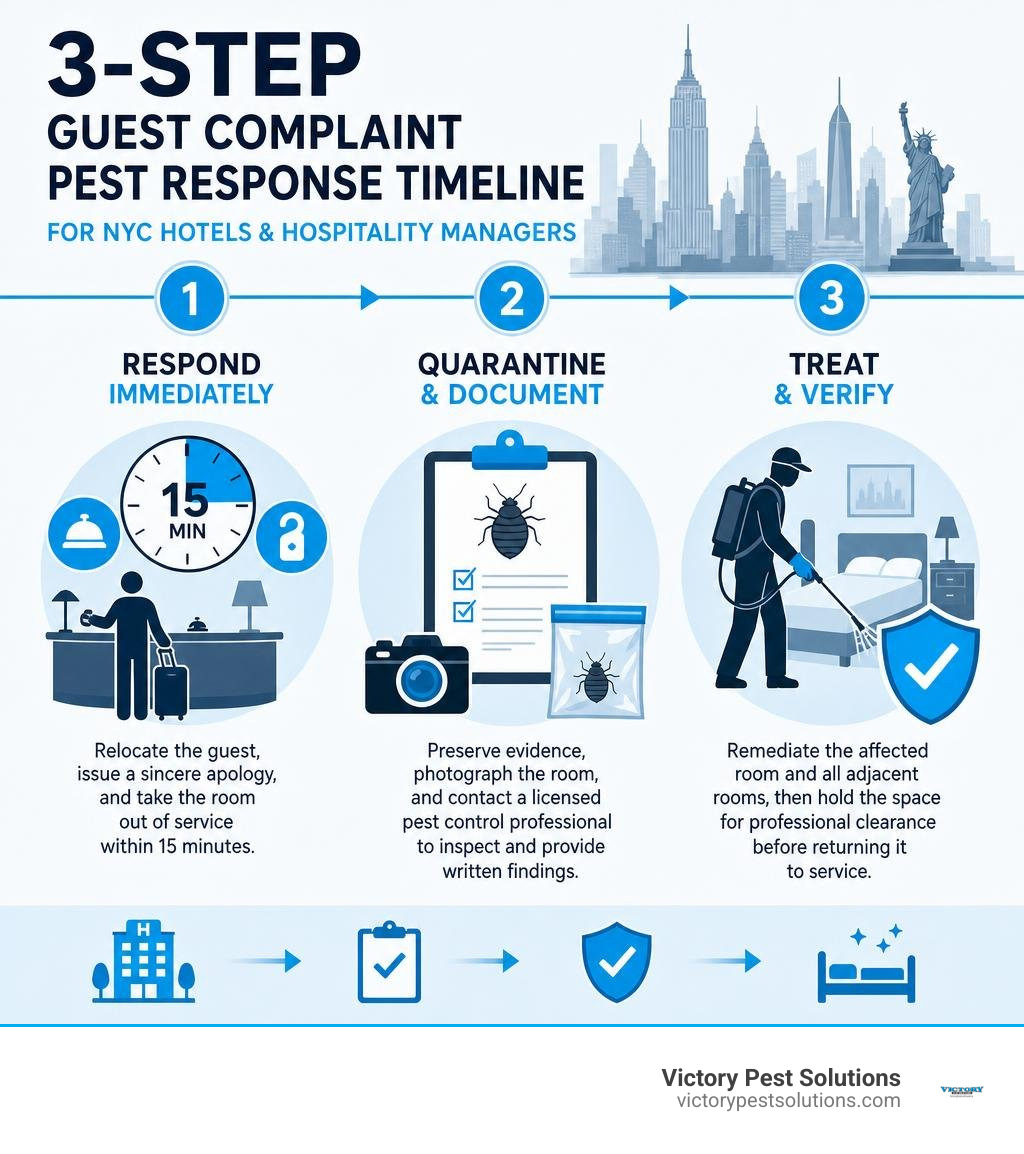 3-step guest complaint pest response timeline for NYC hotels and hospitality managers infographic