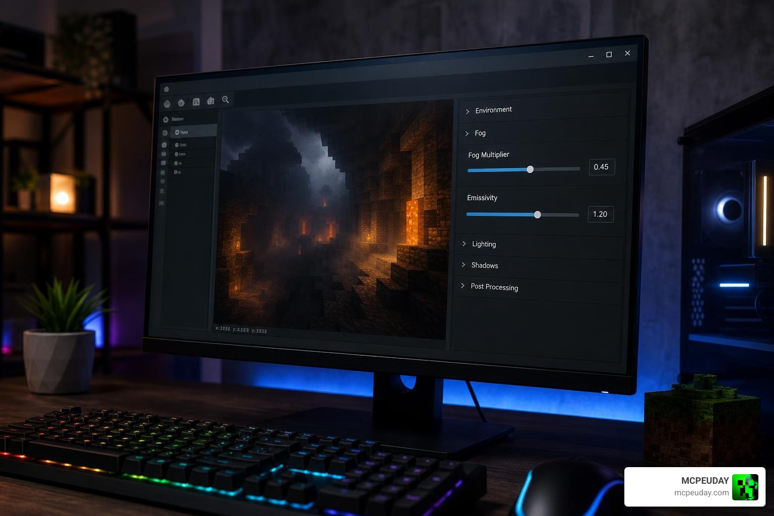 Vanilla RTX App custom settings panel showing fog and emissivity sliders Vanilla RTX App custom settings panel showing fog and emissivity sliders