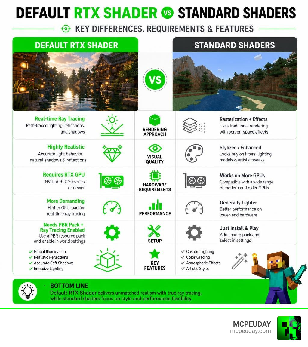 Default RTX Shader vs standard shaders: key differences, requirements, and features infographic Default RTX Shader vs standard shaders: key differences, requirements, and features infographic