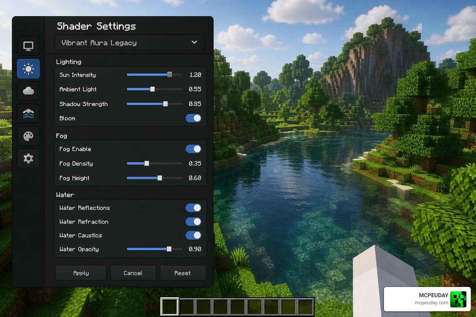 Vibrant Aura Legacy Shader configuration settings menu