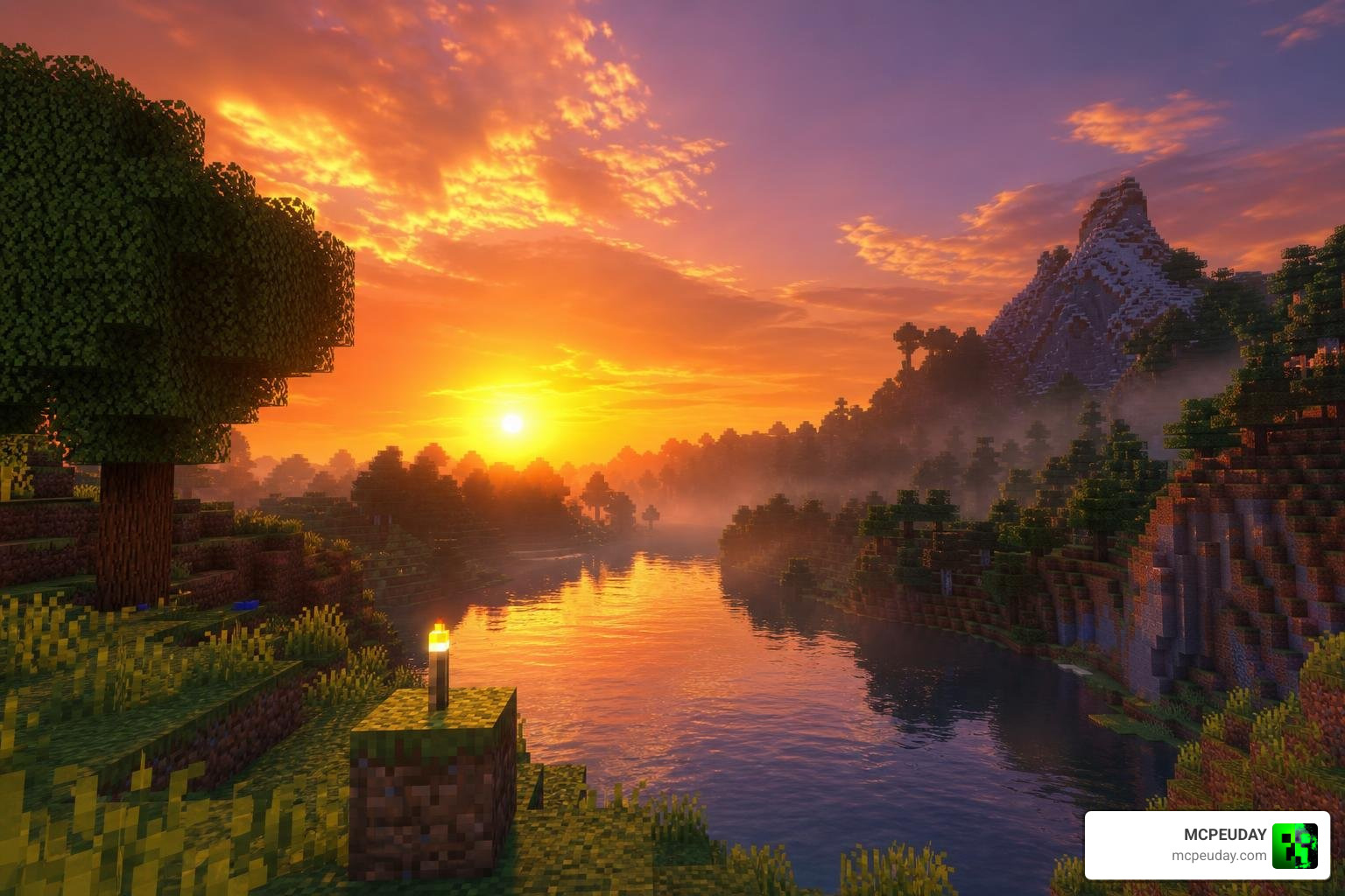 Realistic Minecraft sunset with Vibrant Aura Legacy Shader
