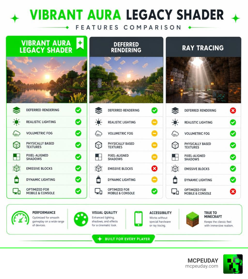 Vibrant Aura Legacy Shader features vs deferred rendering vs ray tracing comparison infographic infographic