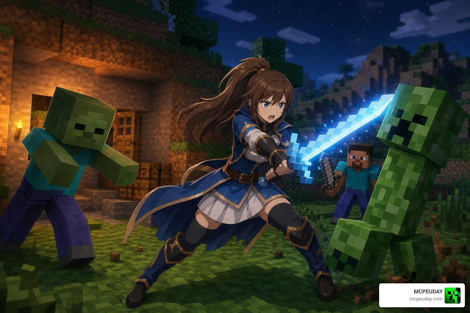 Anime companion defending player in active combat against Minecraft mobs