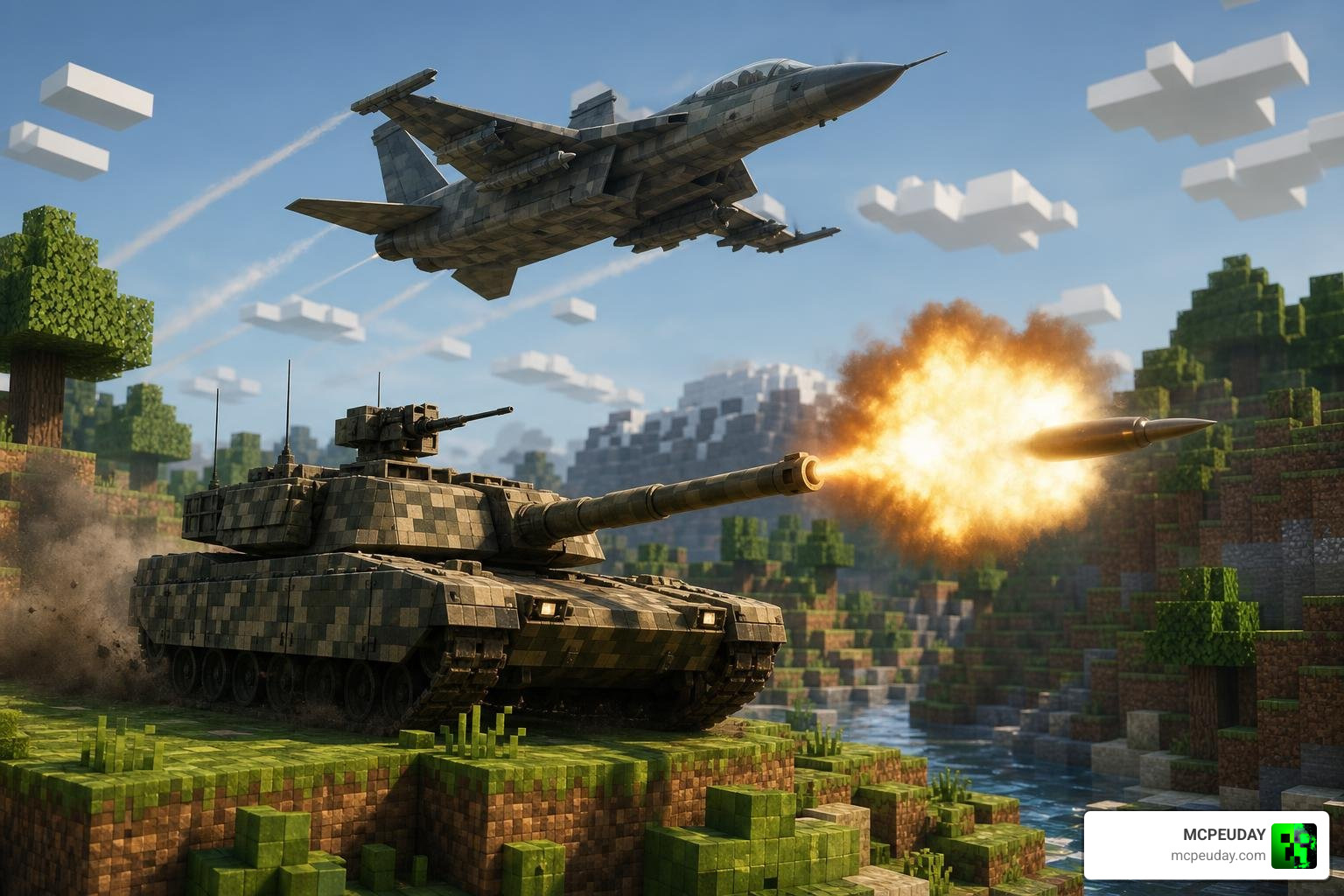 Modern military tanks and fighter jets in action in Minecraft Bedrock Modern military tanks and fighter jets in action in Minecraft Bedrock