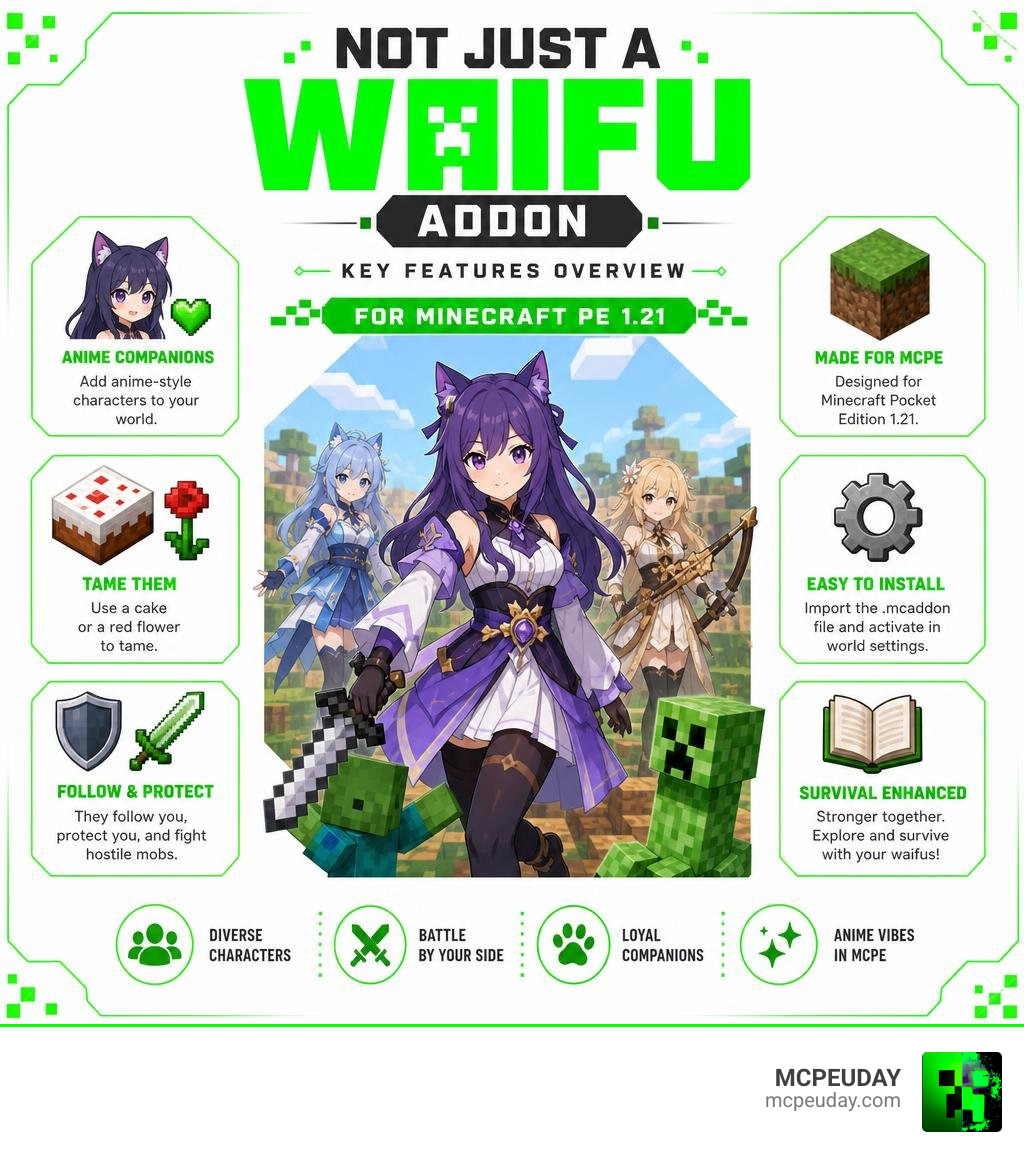 Not Just a Waifu Addon key features overview infographic for Minecraft PE 1.21 infographic