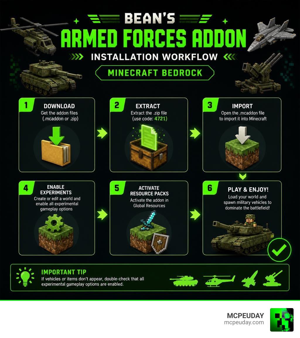 Bean's Armed Forces Addon installation workflow infographic for Minecraft Bedrock infographic Bean's Armed Forces Addon installation workflow infographic for Minecraft Bedrock infographic