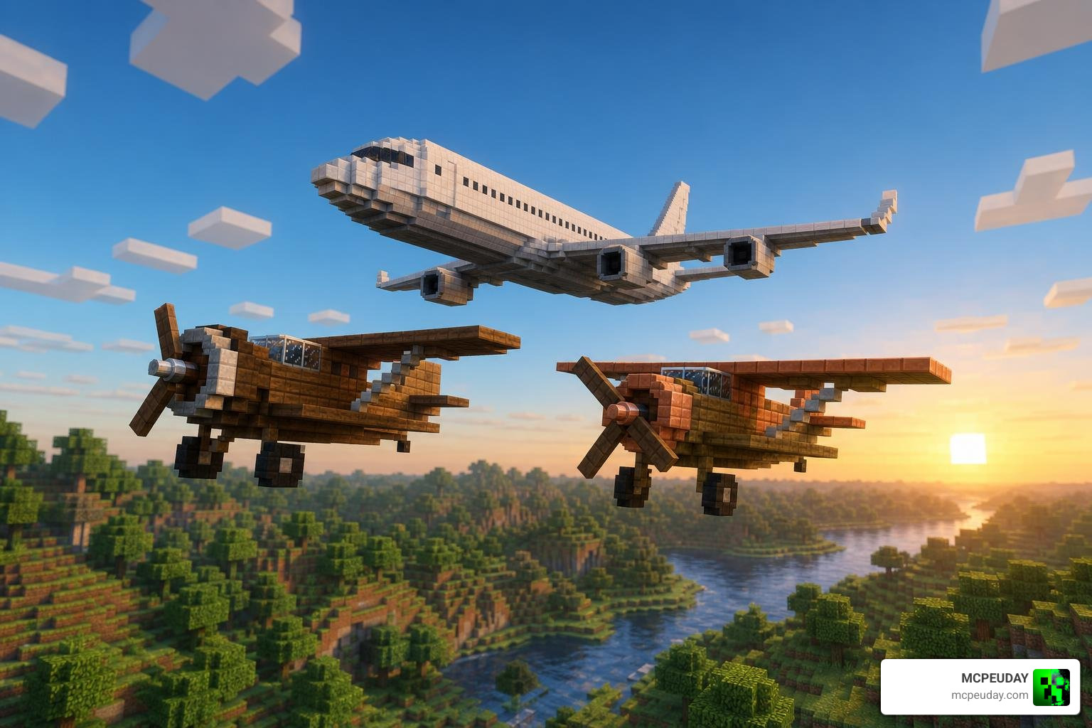 Wooden and copper airplanes flying next to a modern commercial jet in Minecraft Wooden and copper airplanes flying next to a modern commercial jet in Minecraft