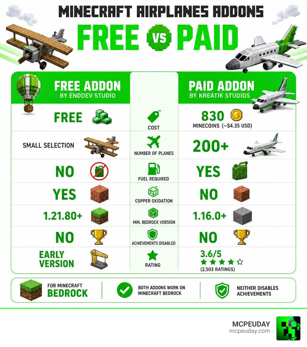 Comparison infographic of free vs paid Minecraft Airplanes Addons features and key stats infographic Comparison infographic of free vs paid Minecraft Airplanes Addons features and key stats infographic