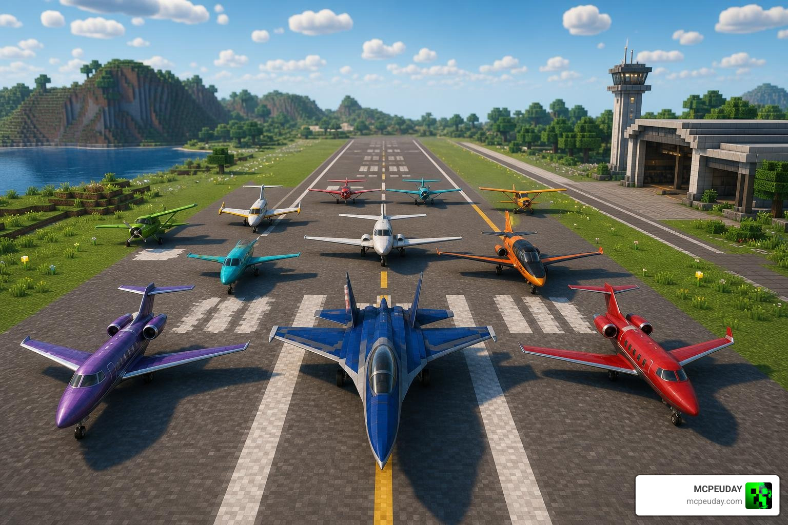 A fleet of colorful custom airplanes lined up on a modern runway in Minecraft A fleet of colorful custom airplanes lined up on a modern runway in Minecraft