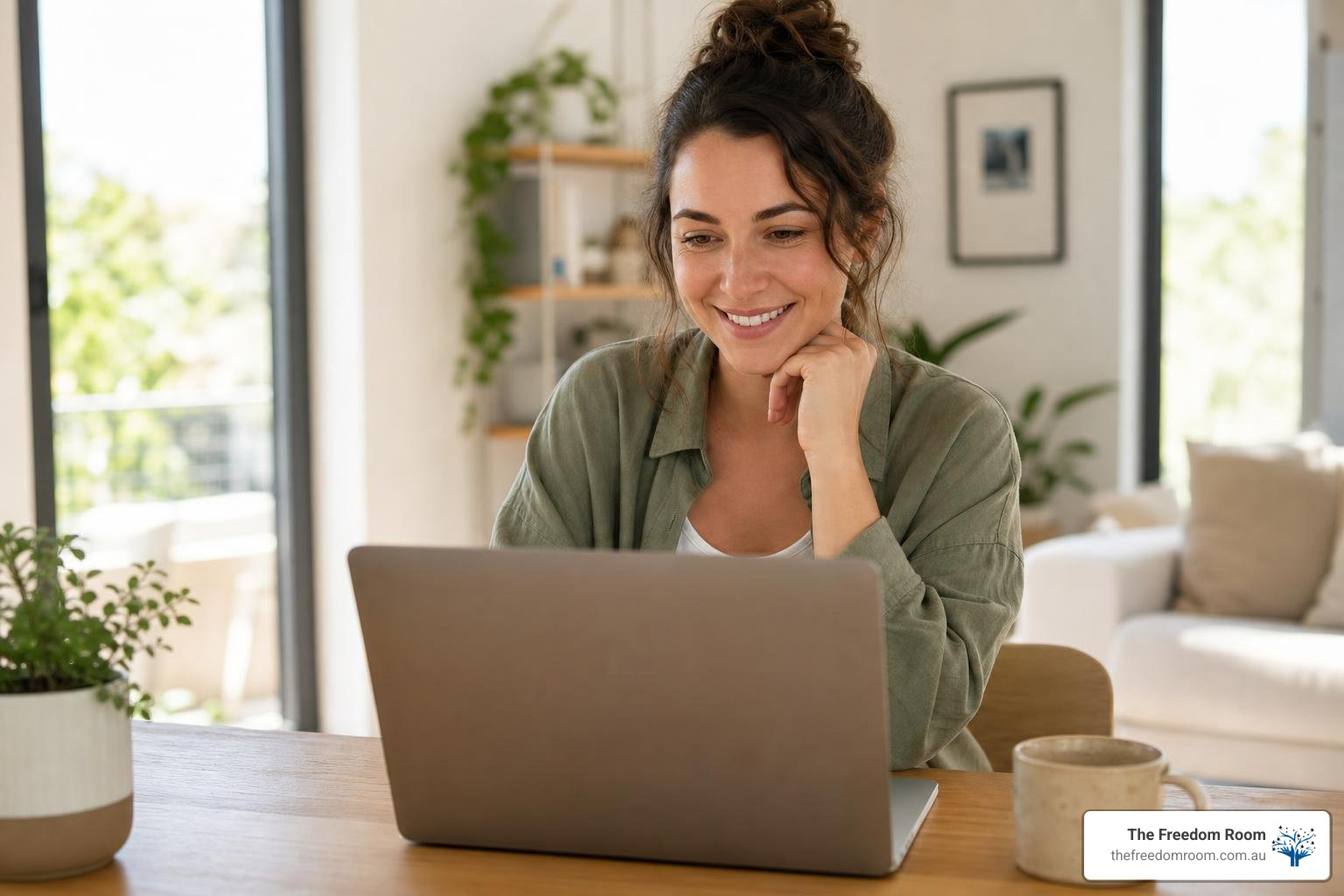 person looking at a laptop screen with a hopeful expression