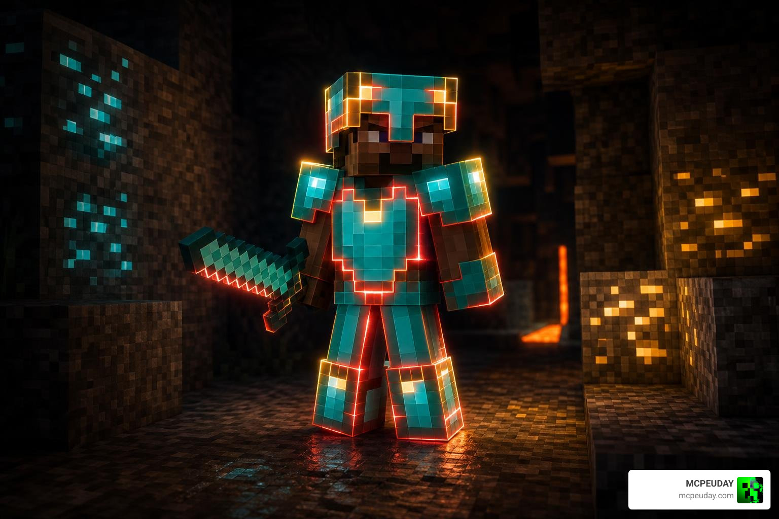 Glowing armor trims in a dark cave