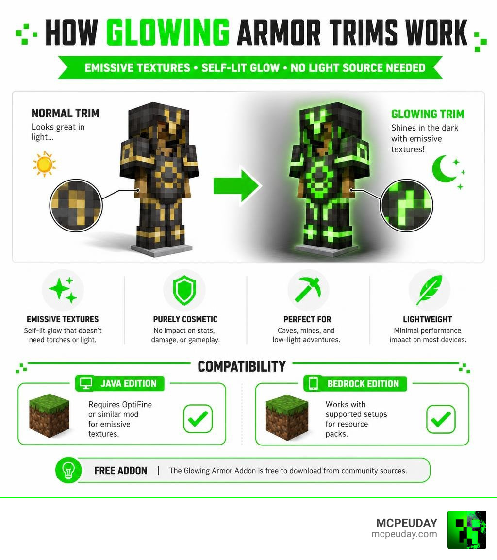 Infographic showing how glowing armor trims work in Minecraft with emissive textures and compatibility details infographic
