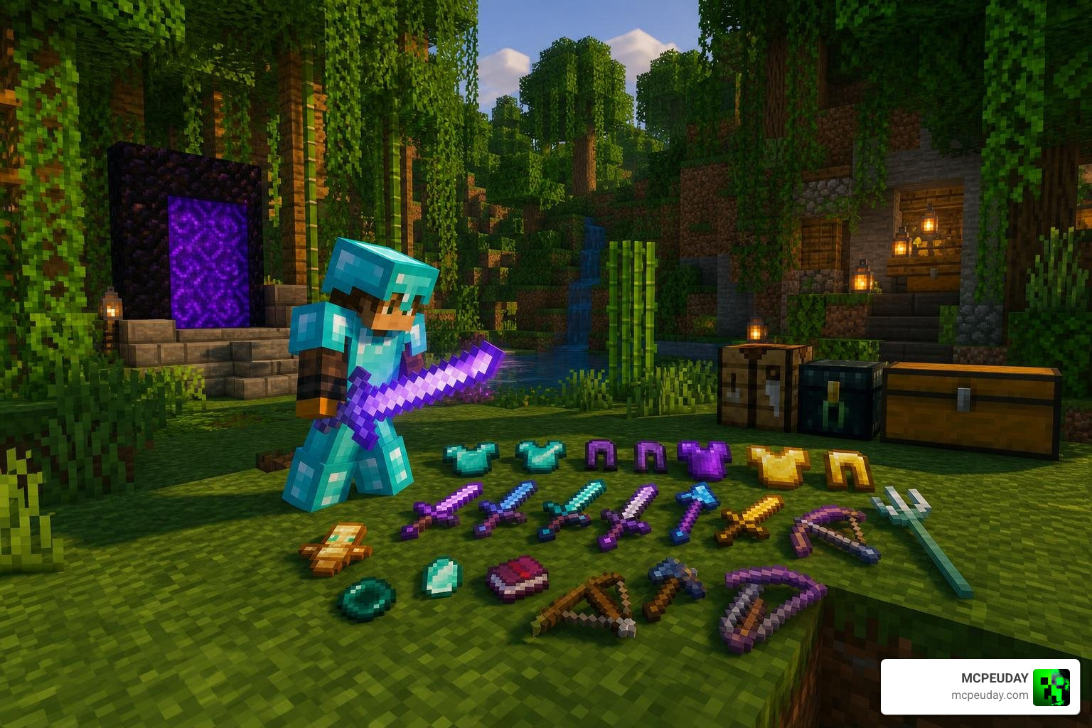 Custom weapons in action in Minecraft Bedrock survival mode