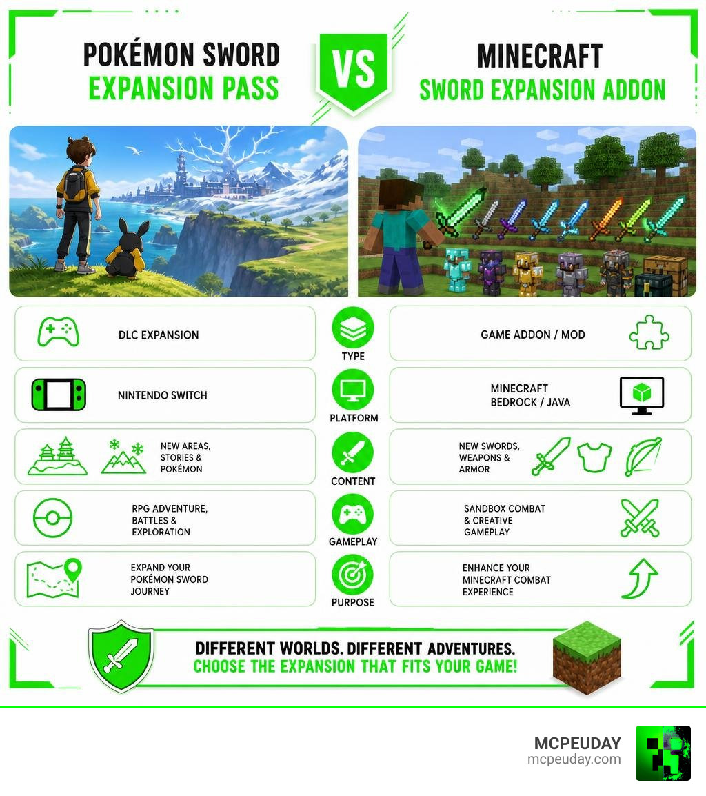 Infographic comparing Pokémon Sword Expansion Pass vs Minecraft Sword Expansion Addon features and platforms infographic