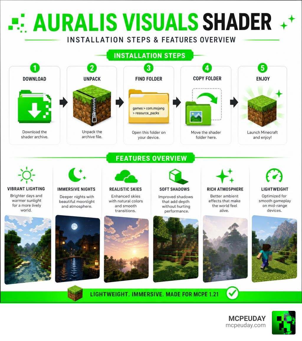 Auralis Visuals Shader installation steps and features overview infographic infographic