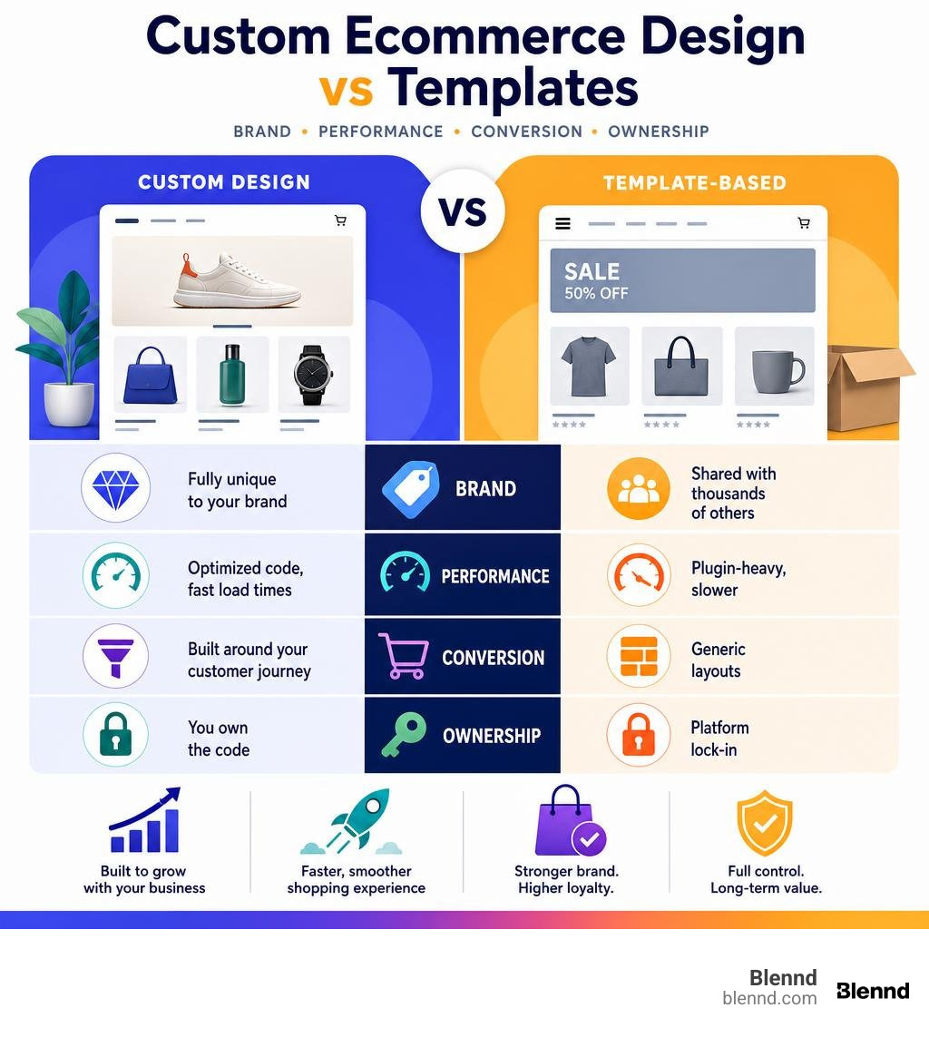 Custom ecommerce design vs templates: brand, performance, conversion, and ownership comparison infographic