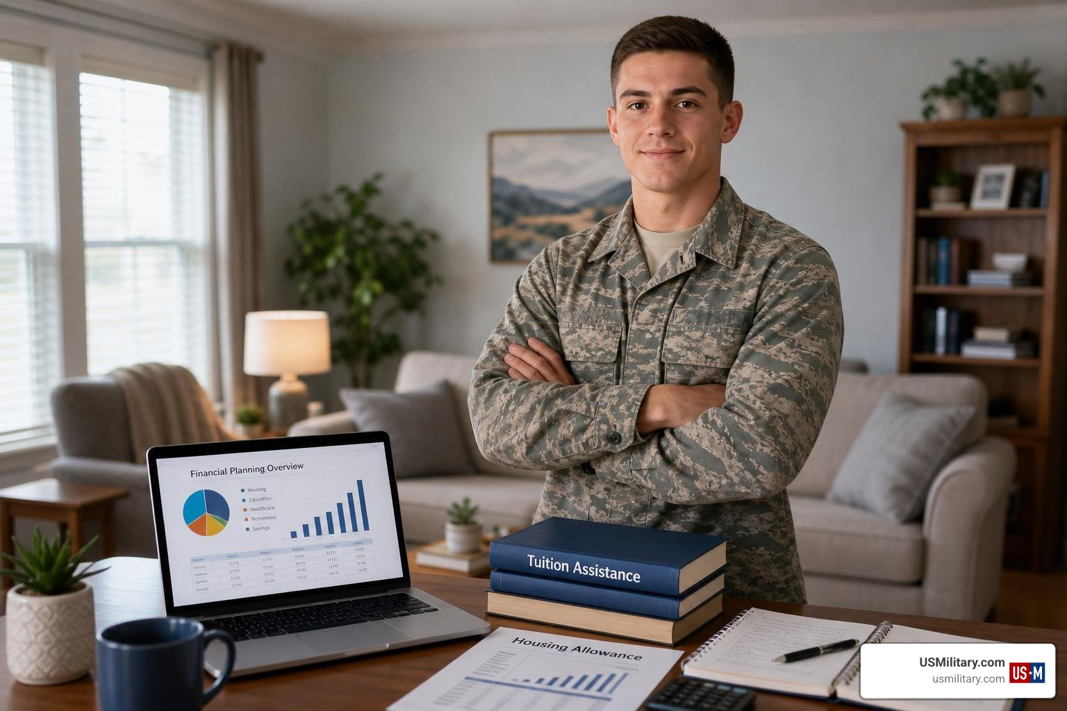 Military housing, healthcare, and educational benefits illustrating financial net worth