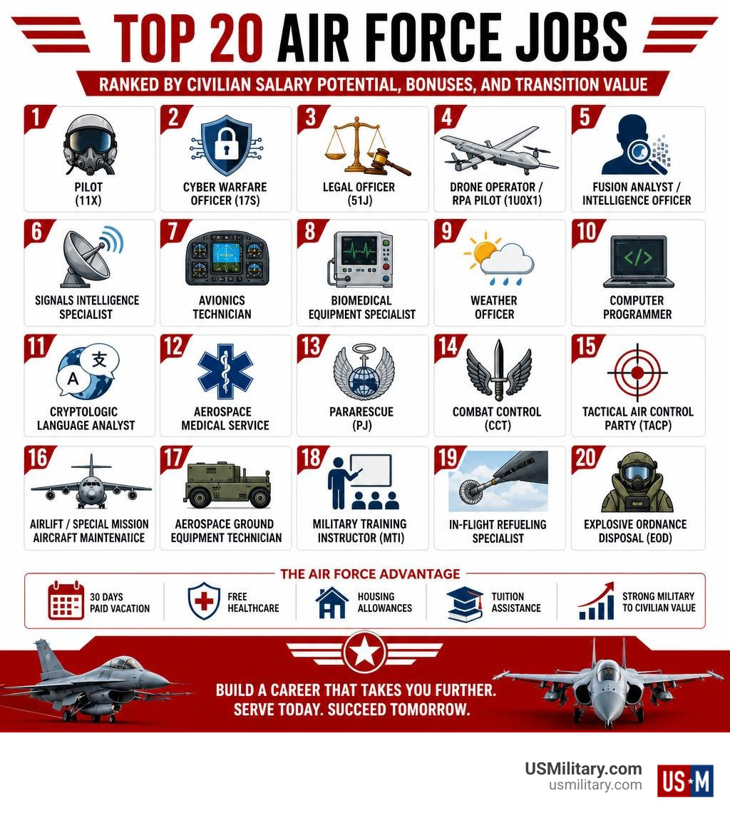 Top 20 Air Force jobs ranked by civilian salary potential, bonuses, and transition value infographic