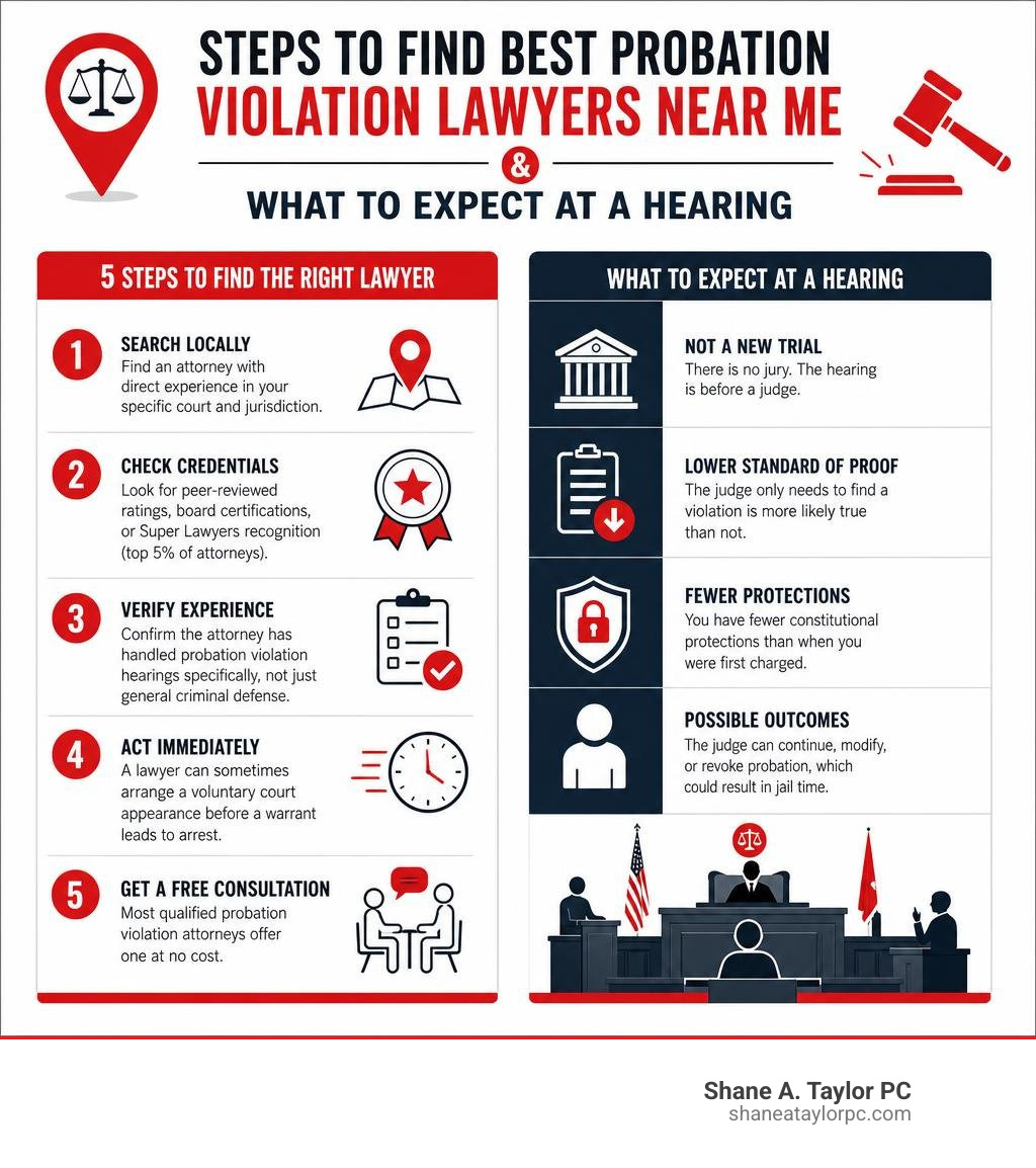 Steps to find best probation violation lawyers near me and what to expect at a hearing infographic