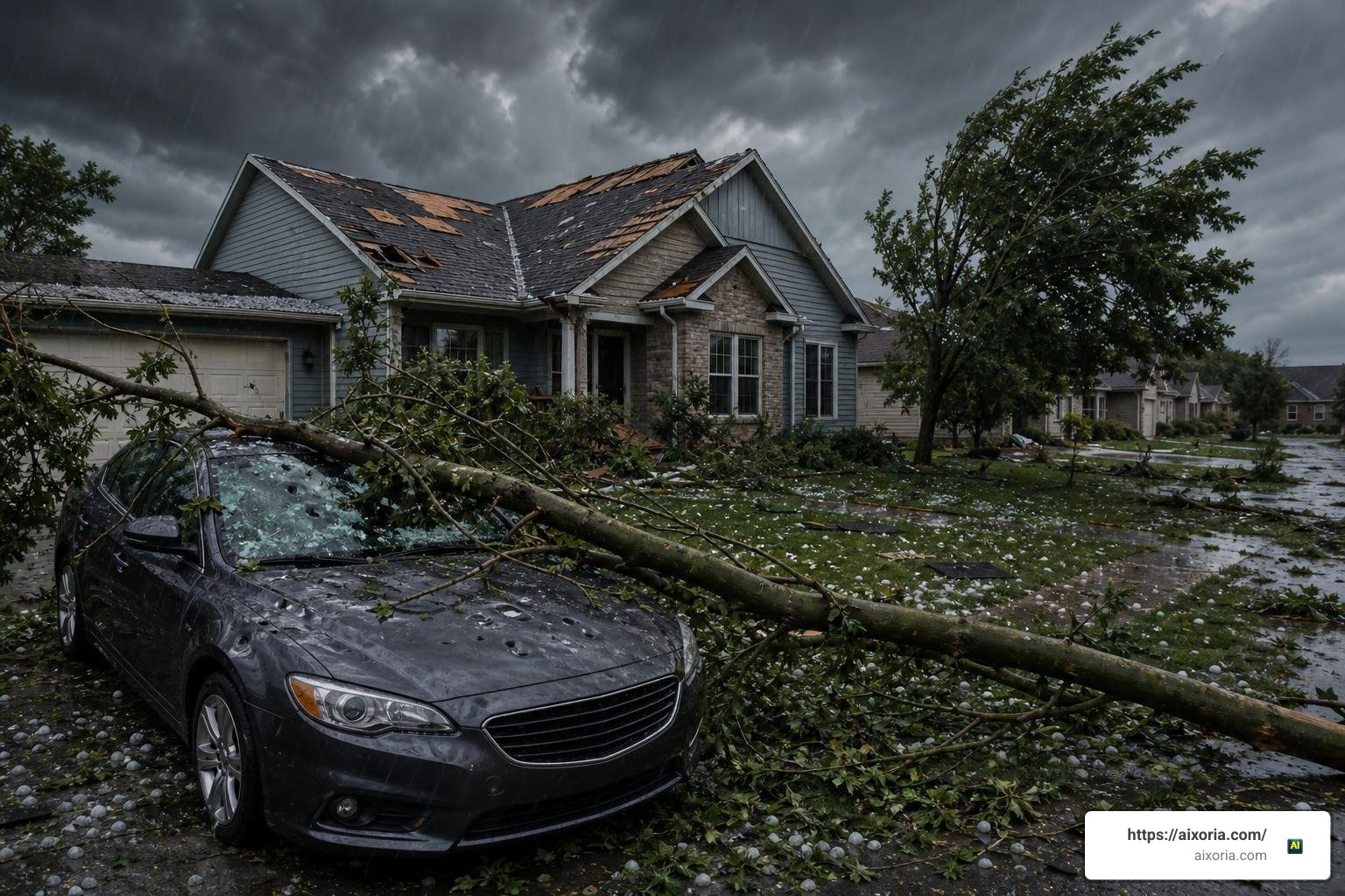 Severe storm damaging both a house and a car parked outside