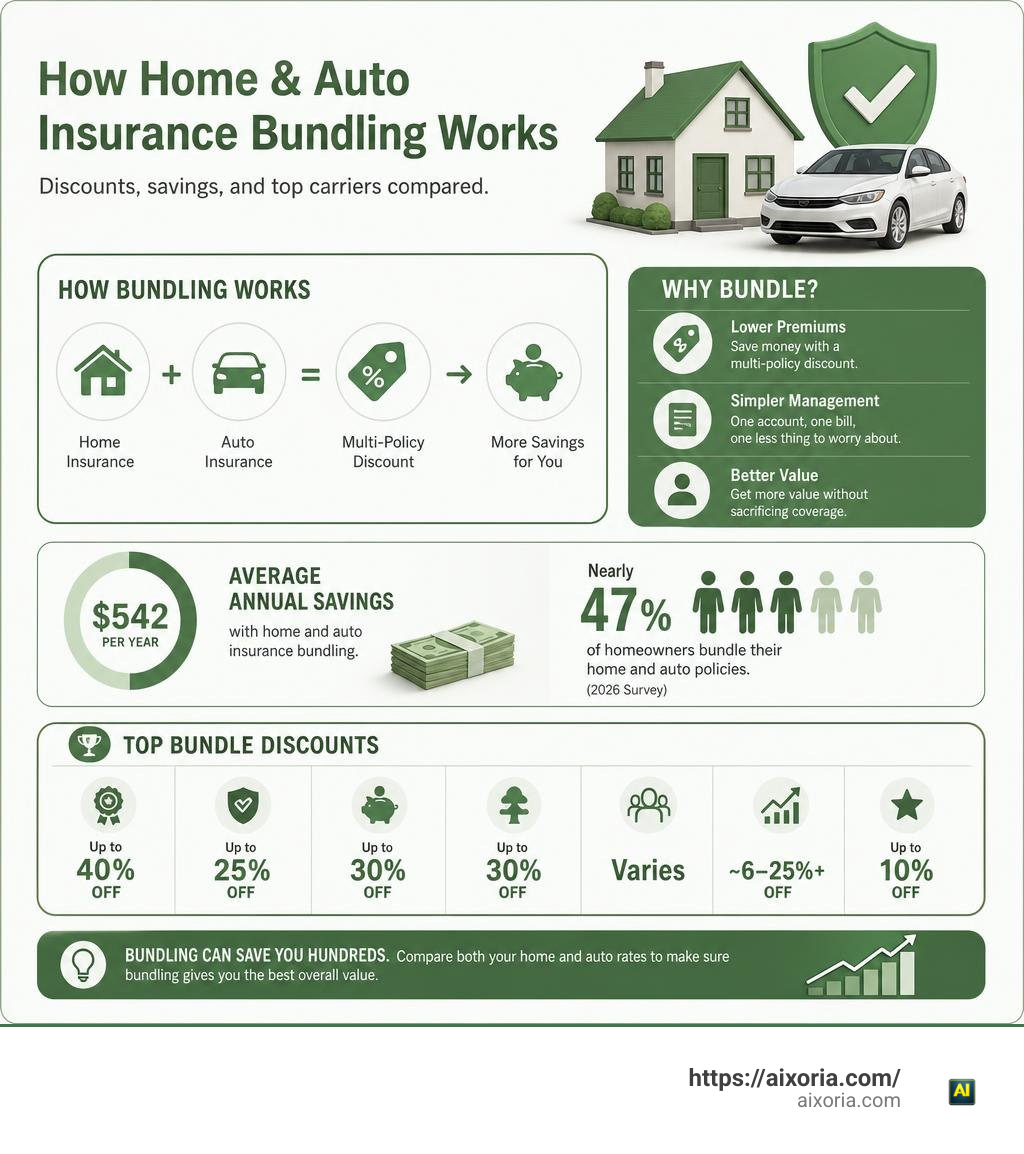 How home and auto insurance bundling works: discounts, savings, and top carriers compared infographic