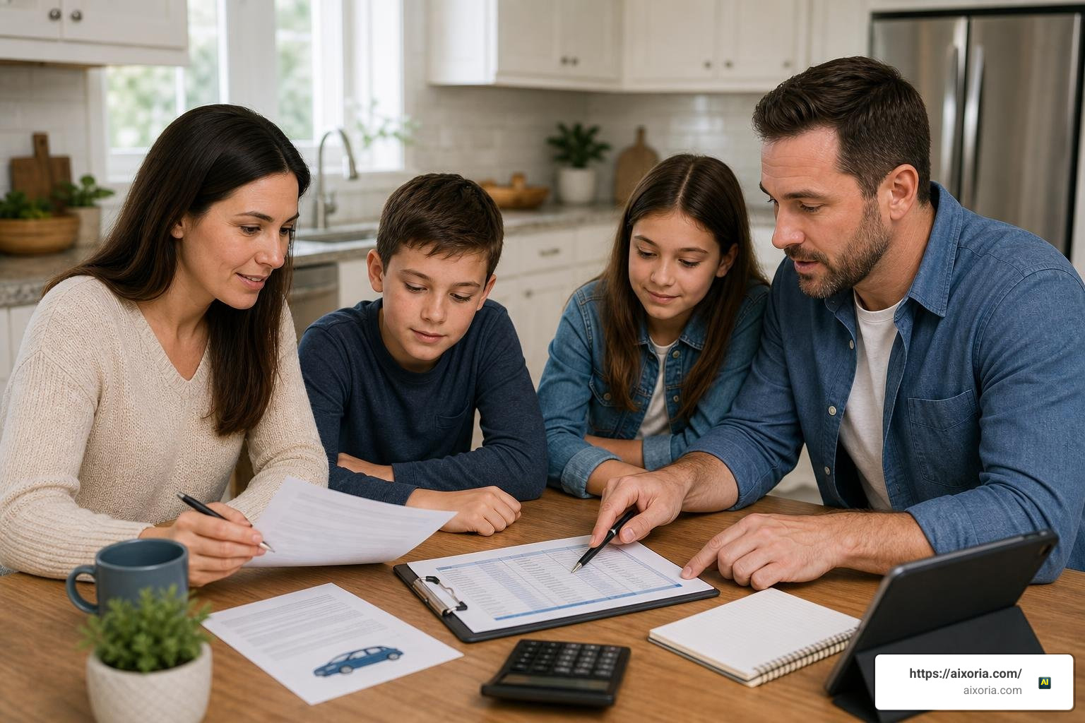 Family discussing auto insurance and comparing policy structures at the kitchen table
