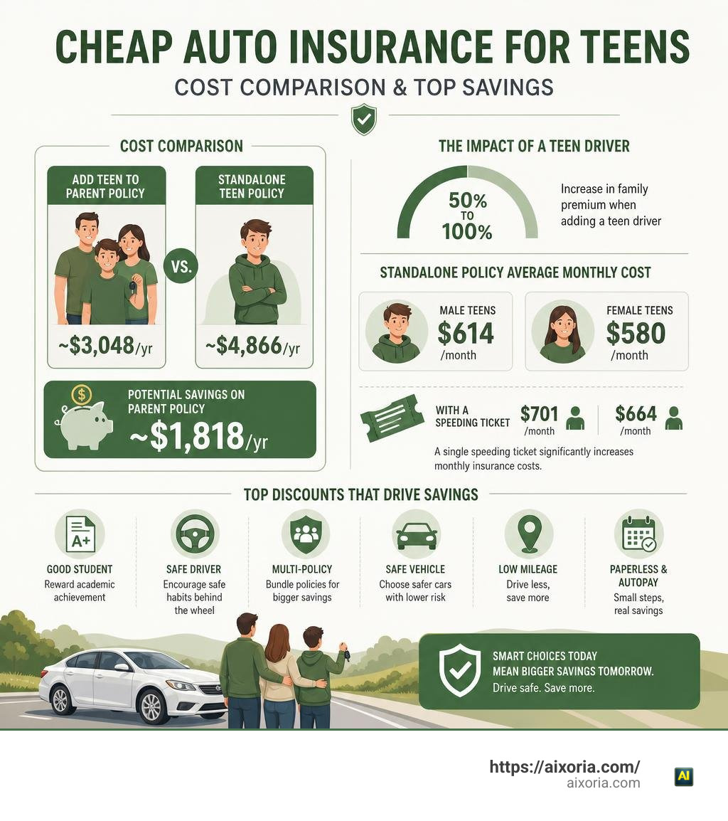 Cost comparison infographic: adding a teen to parent policy vs. standalone teen policy, top discounts and savings infographic