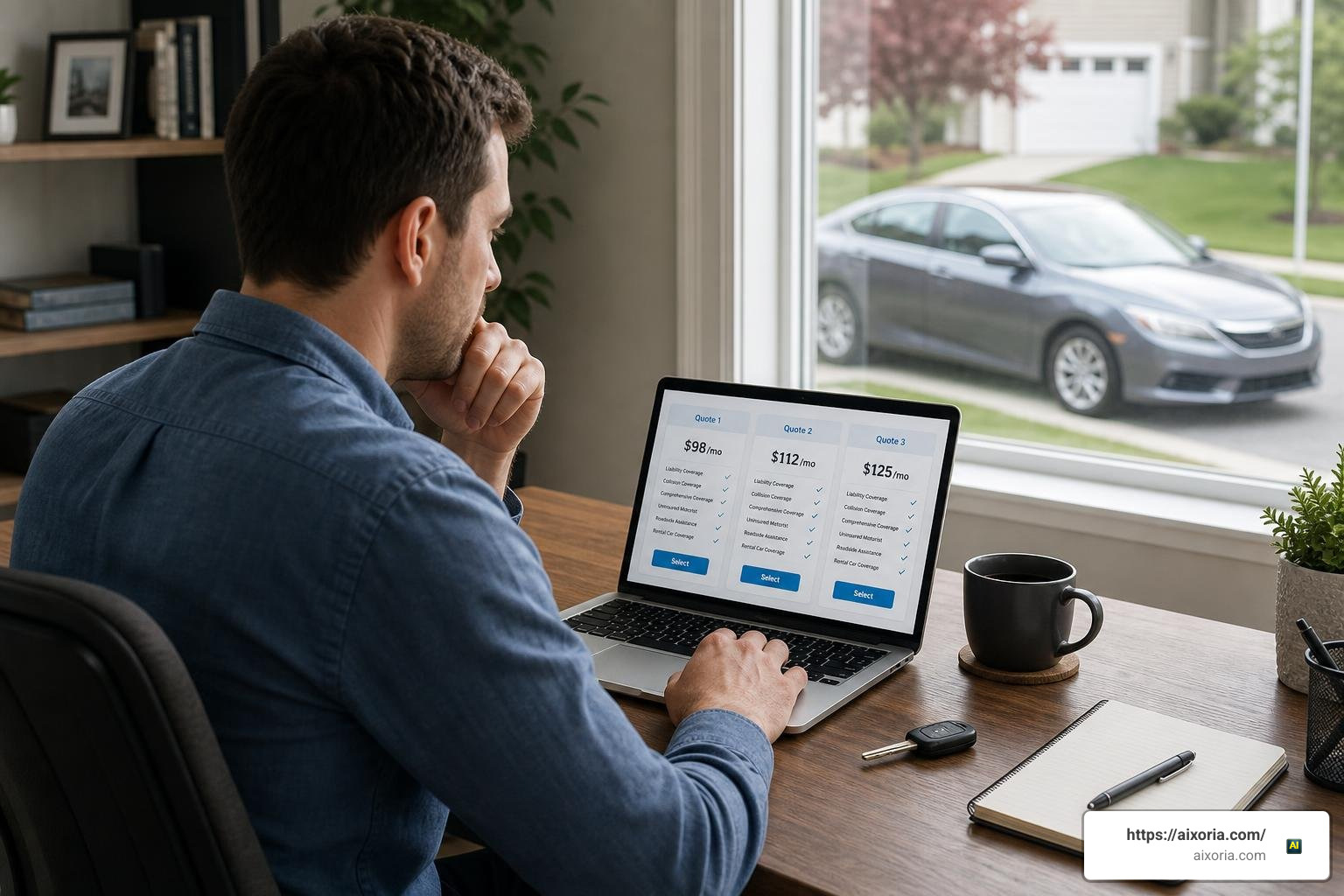 A car owner comparing multiple auto insurance quotes on a laptop to find the best rate