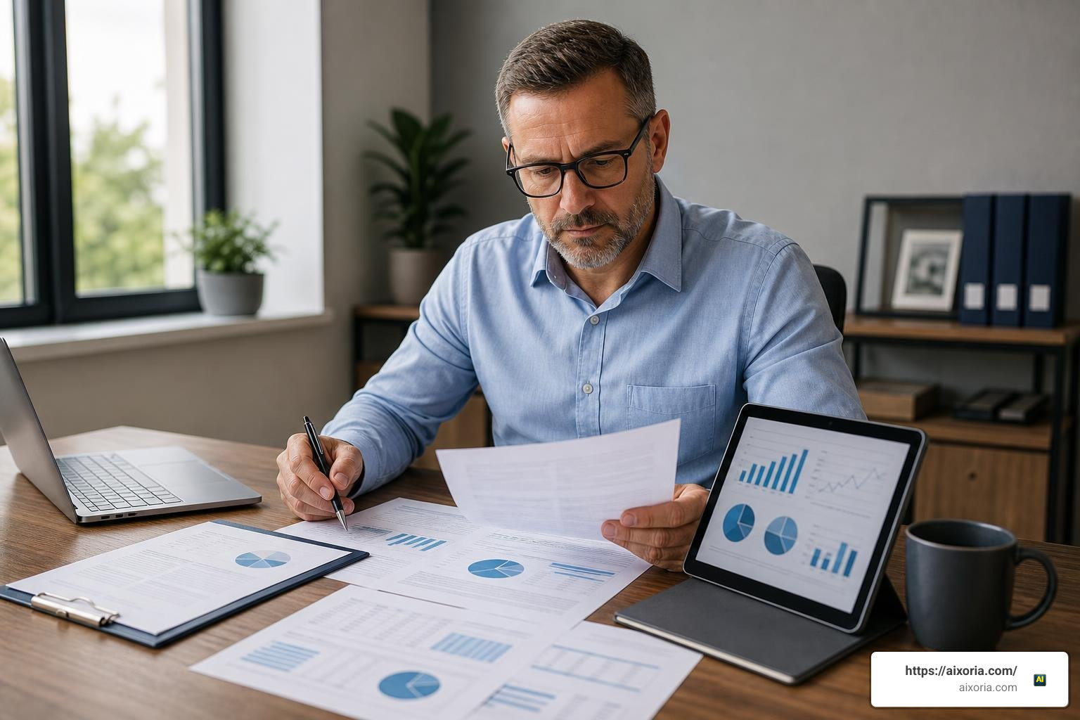 a business owner analyzing various insurance policies on a desk