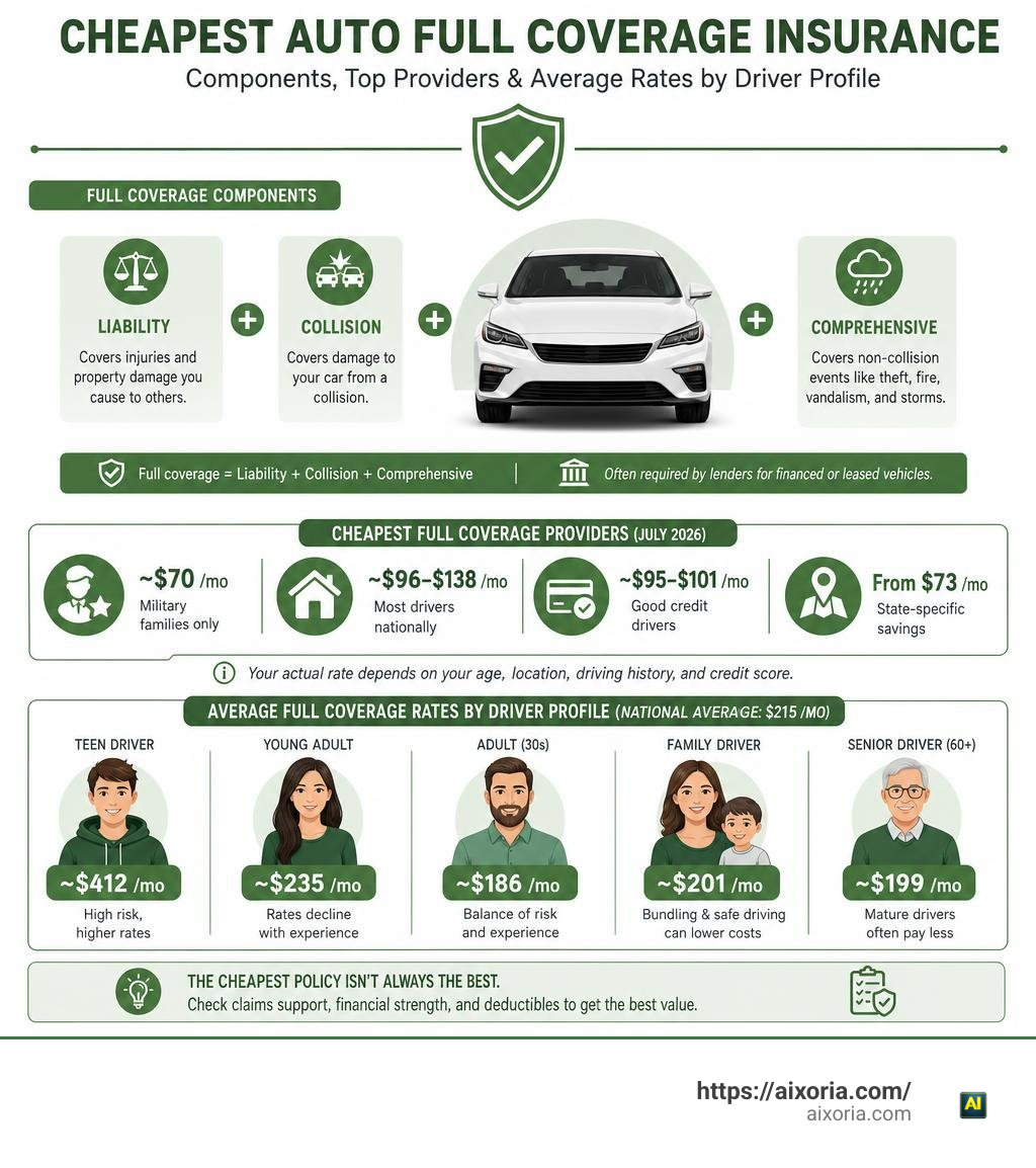 Cheapest auto full coverage insurance components, top providers, and average rates by driver profile infographic