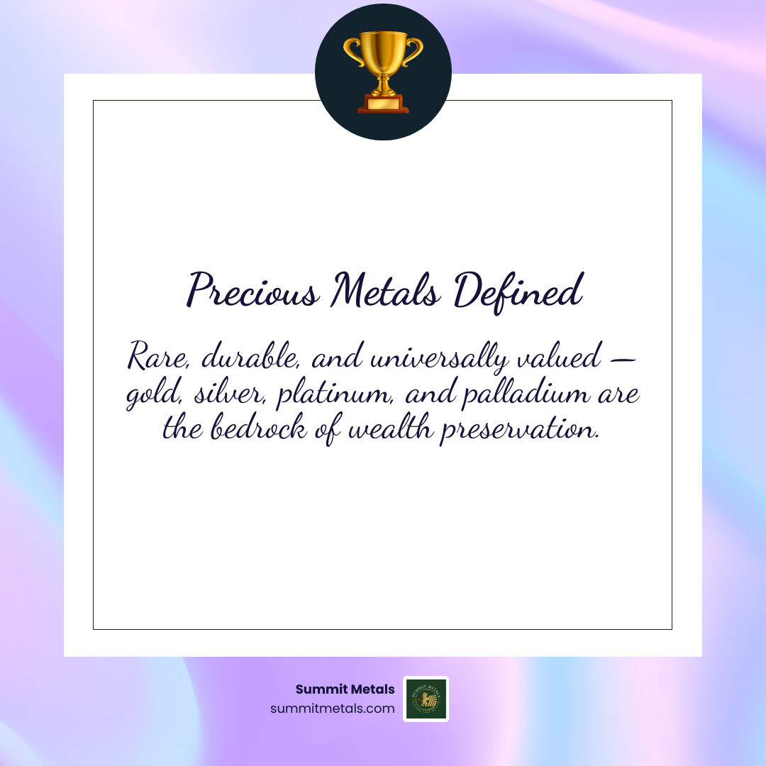 Precious metals ecosystem infographic: gold, silver, platinum, palladium — roles, rarity, and uses infographic
