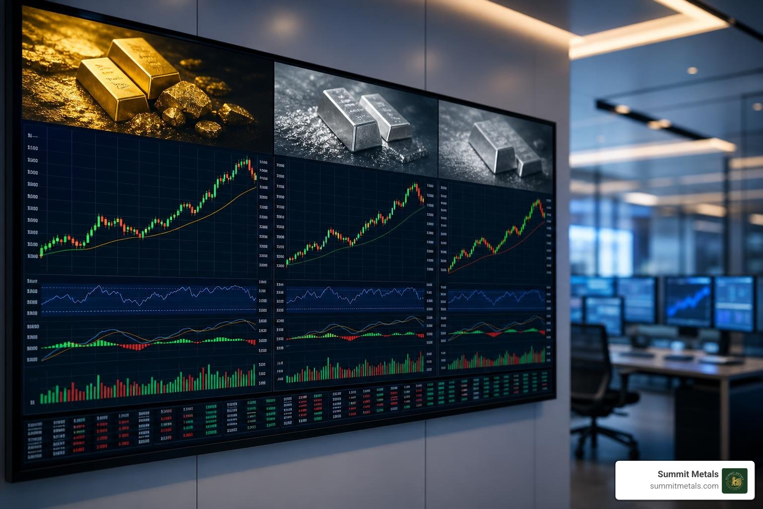 Real-time market price charts showing gold, silver, and platinum price movements