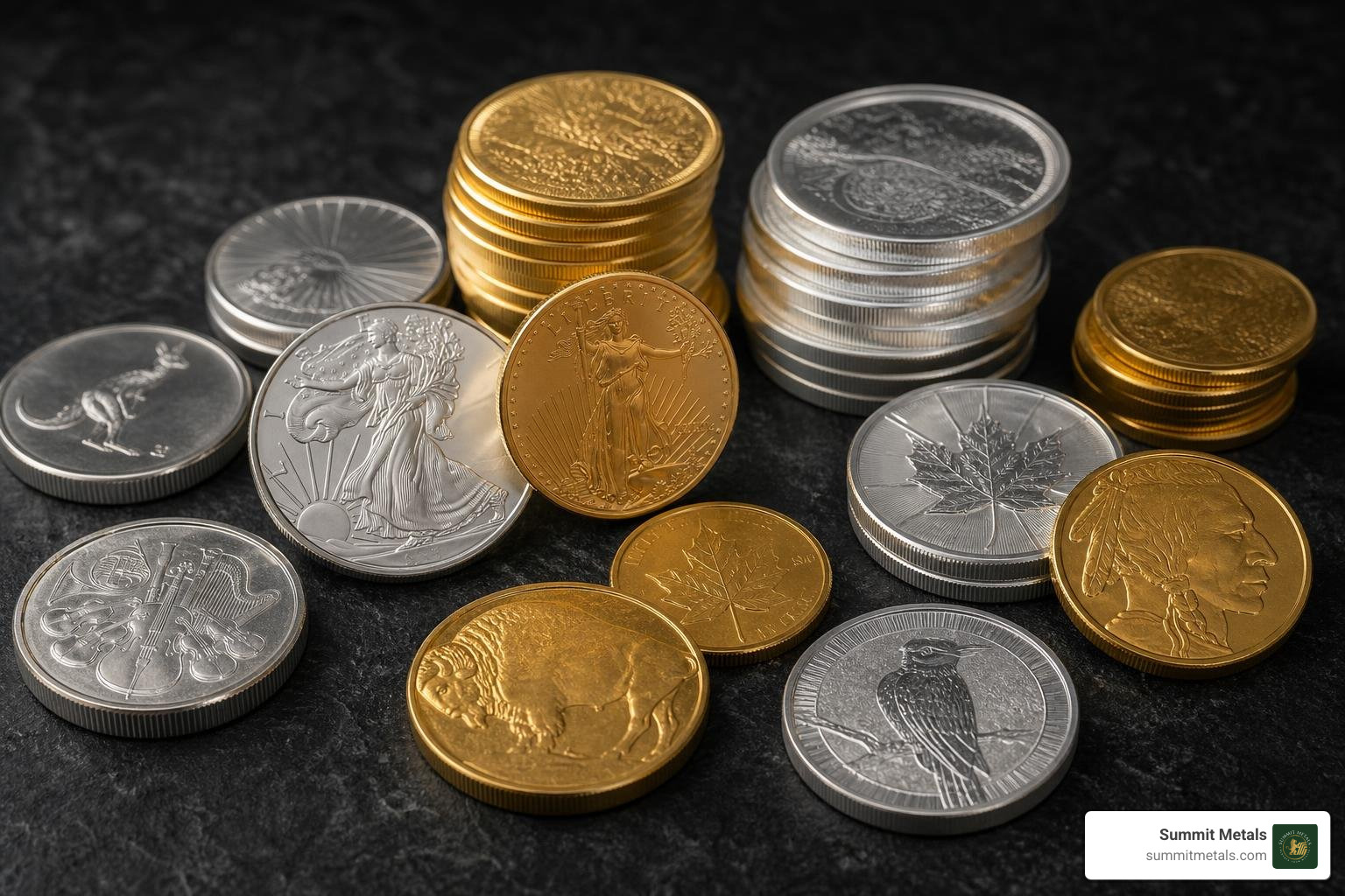 precious metal gold and silver bullion coins and rounds on dark surface