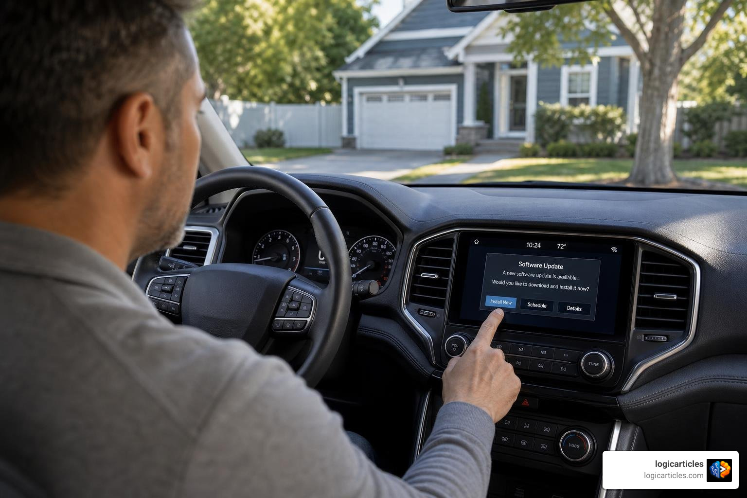 driver viewing an update notification on an infotainment screen
