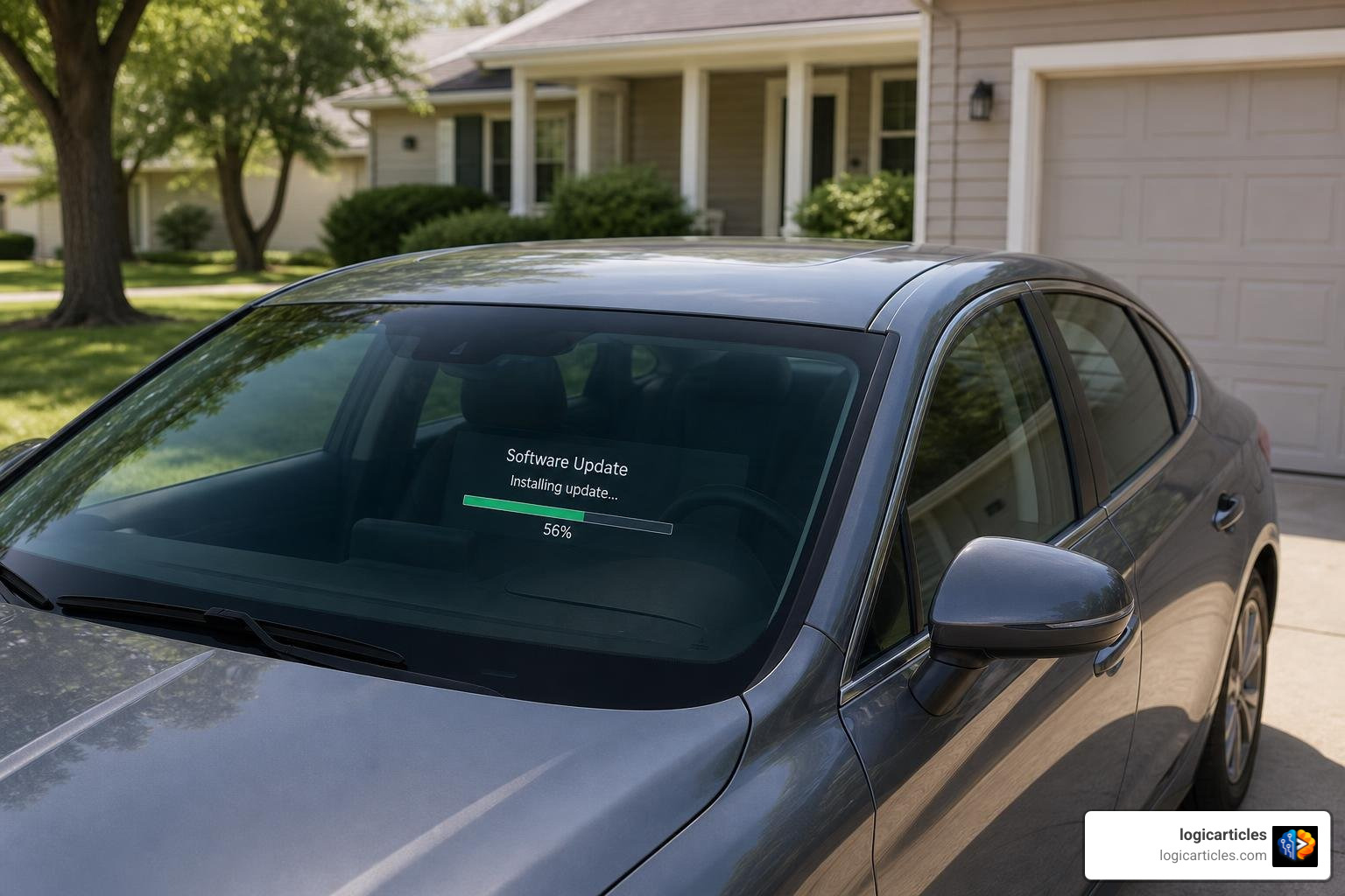parked car undergoing a software installation in a driveway