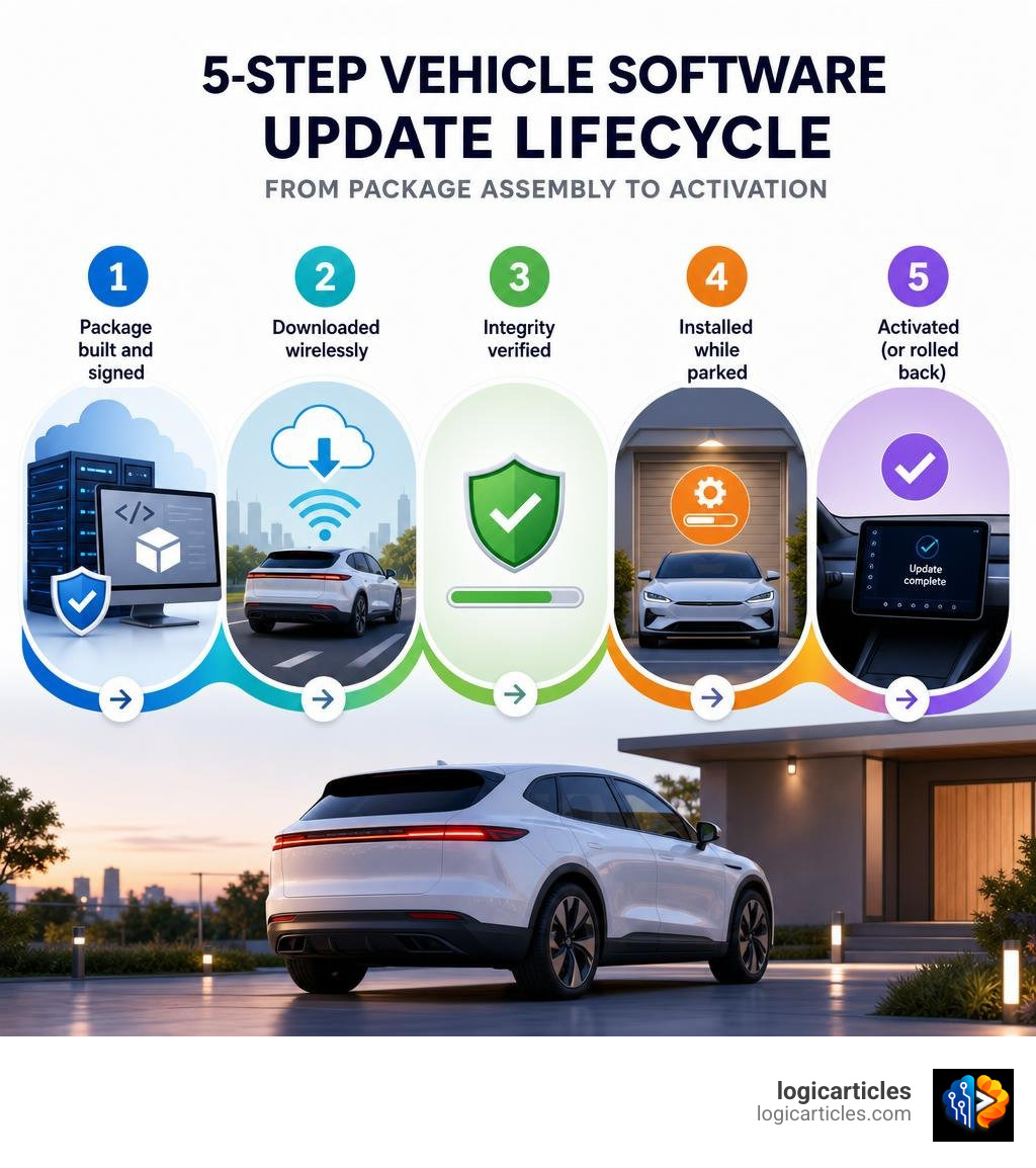 5-step vehicle software update lifecycle from package assembly to activation infographic