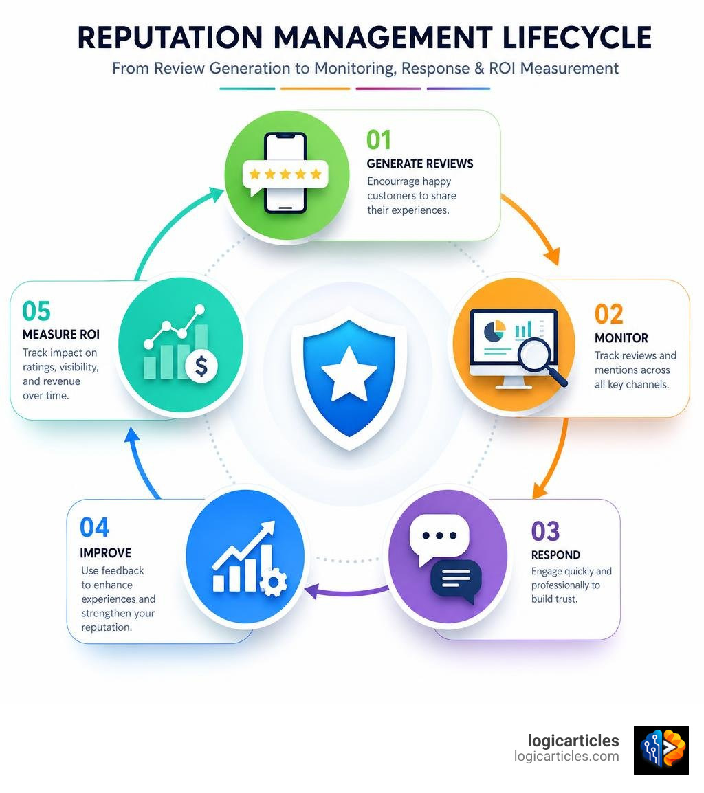 Reputation management lifecycle: from review generation to monitoring, response, and ROI measurement infographic