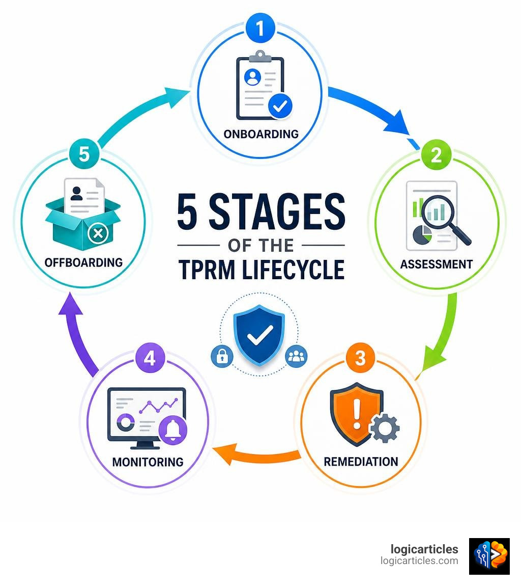 5 stages of the TPRM lifecycle: onboarding, assessment, remediation, monitoring, offboarding infographic