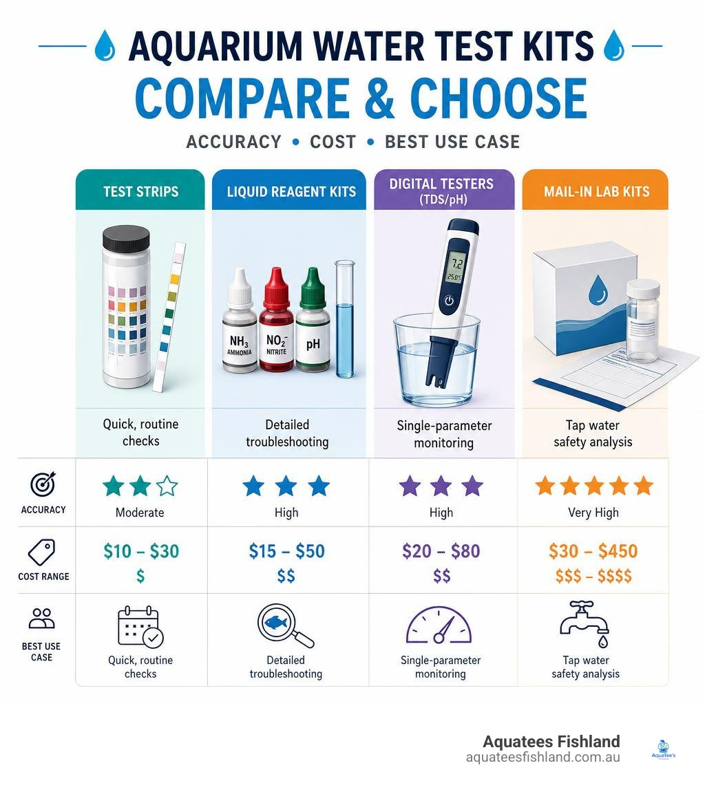 Infographic comparing aquarium water test kit types by accuracy, cost, and best use case infographic