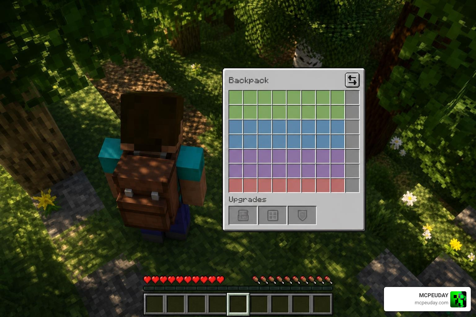 OKBackpack interface displaying custom upgrades, sorting buttons, and color slots OKBackpack interface displaying custom upgrades, sorting buttons, and color slots