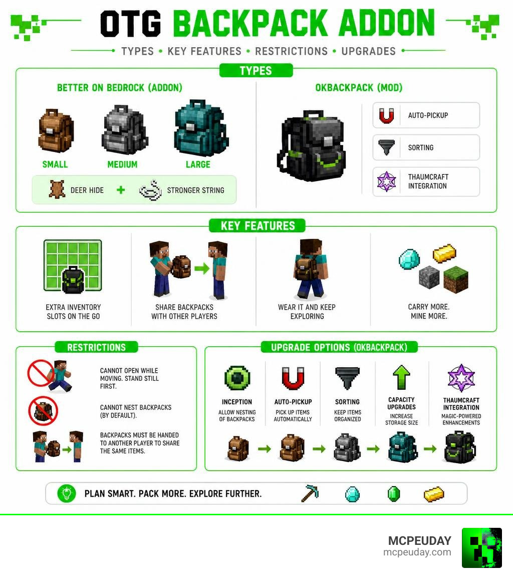 Infographic showing OTG Backpack Addon types, key features, restrictions, and upgrade options infographic Infographic showing OTG Backpack Addon types, key features, restrictions, and upgrade options infographic