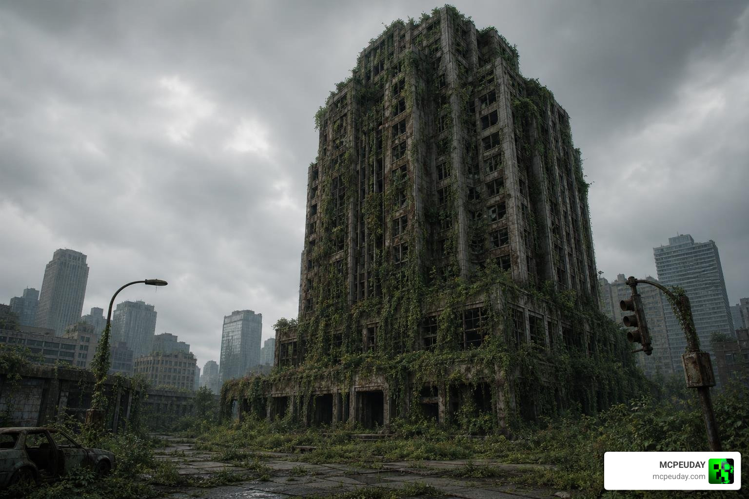 Abandoned skyscraper structure in Ranzie's Overgrown Cities Addon