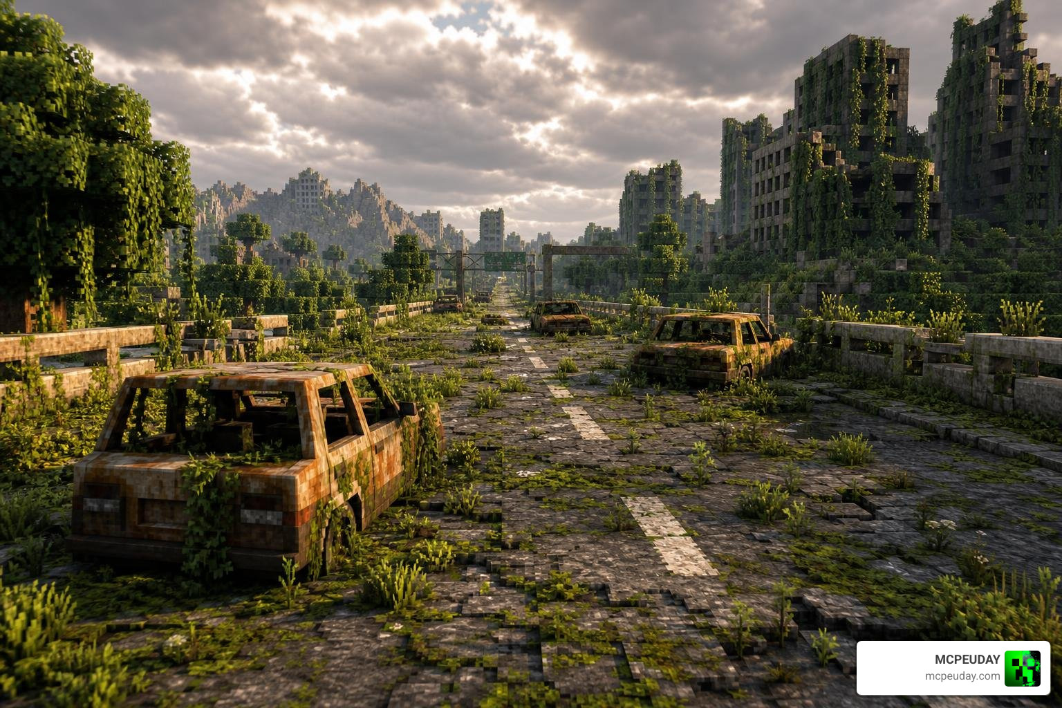 Overgrown ruined highway stretching across a post-apocalyptic Minecraft landscape