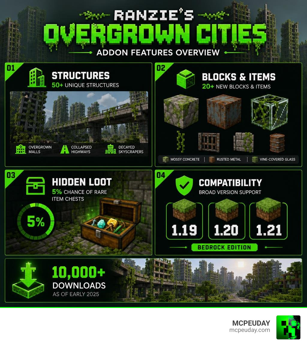 Ranzie's Overgrown Cities Addon features infographic: structures, blocks, loot, and compatibility overview infographic