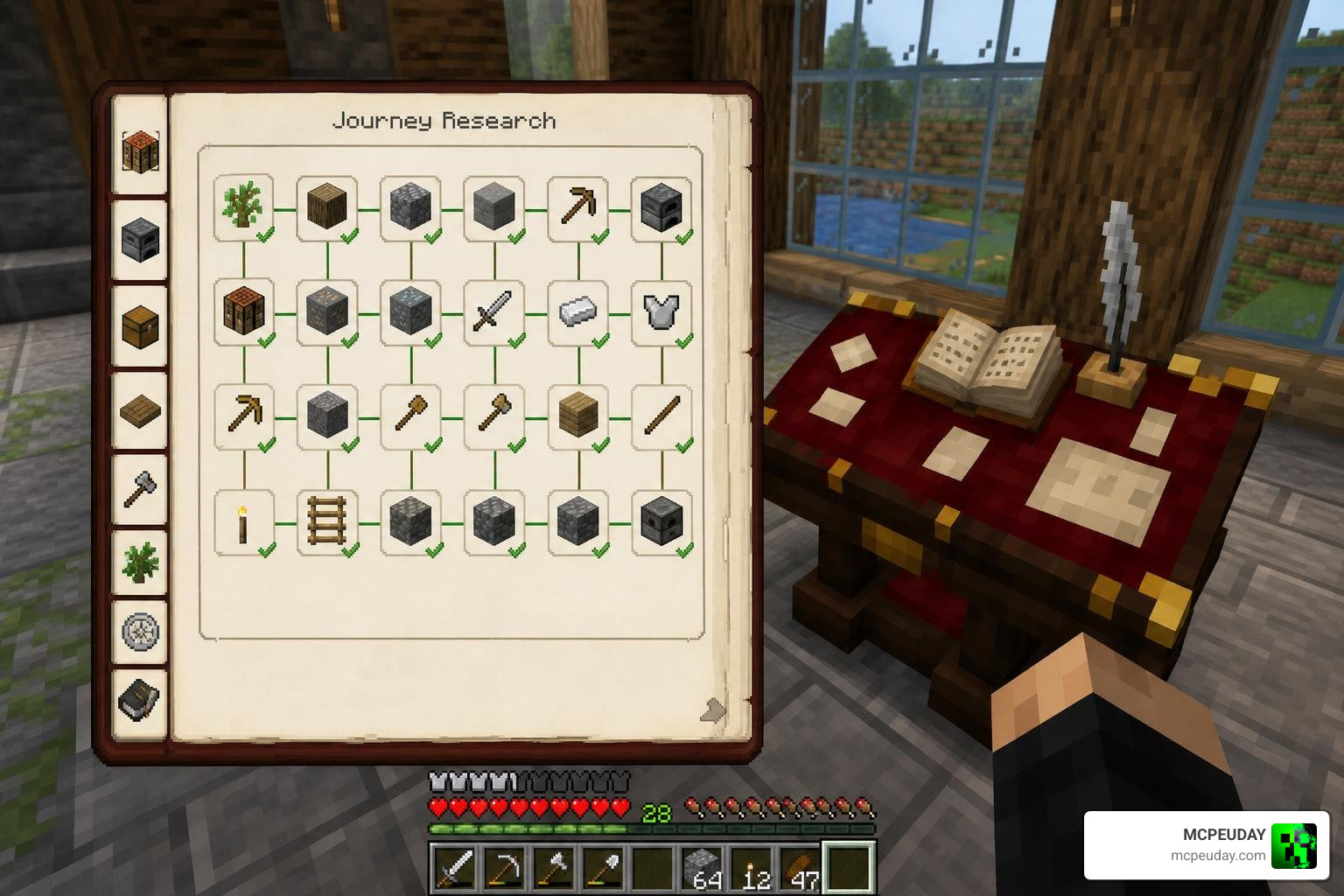 Journey Creative Mod interface showing researched items